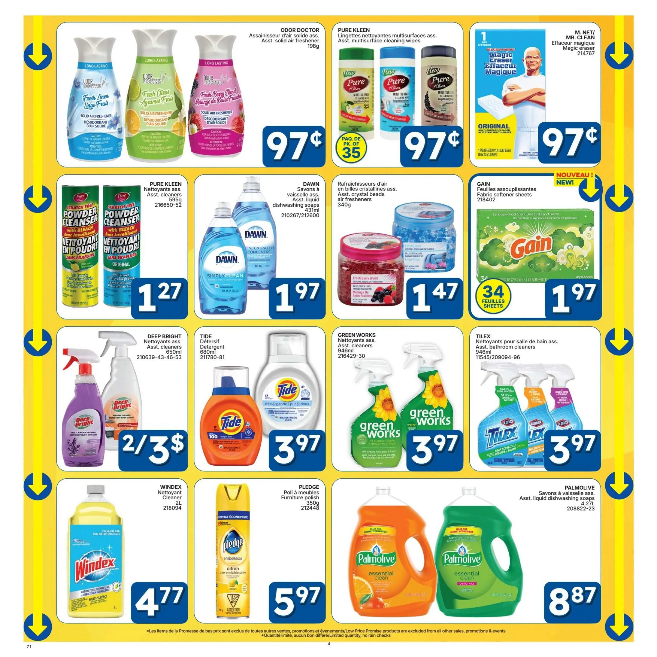 Rossy flyer page 4 features a variety of cleaning supplies. Odor Doctor solid air fresheners are on sale for $0.97 each. Pure Kleen multisurface cleaning wipes are also $0.97 per pack of 35. Mr. Clean Magic Eraser is available for $0.97. Pure Kleen powder cleanser with bleach is $1.27. Dawn liquid dishwashing soaps are $1.97. Pure Kleen crystal bead air fresheners are $1.47. Gain fabric softener sheets (34 sheets) are $1.97. Deep Bright asst. cleaners are 2 for $3. Tide detergent is $3.97. Green Works asst. cleaners are $3.97. TILEx asst. bathroom cleaners are $3.97. Windex multi-surface cleaner is $4.77. Pledge furniture polish is $5.97. Palmolive asst. liquid dishwashing soaps (4.27L) are $8.87.