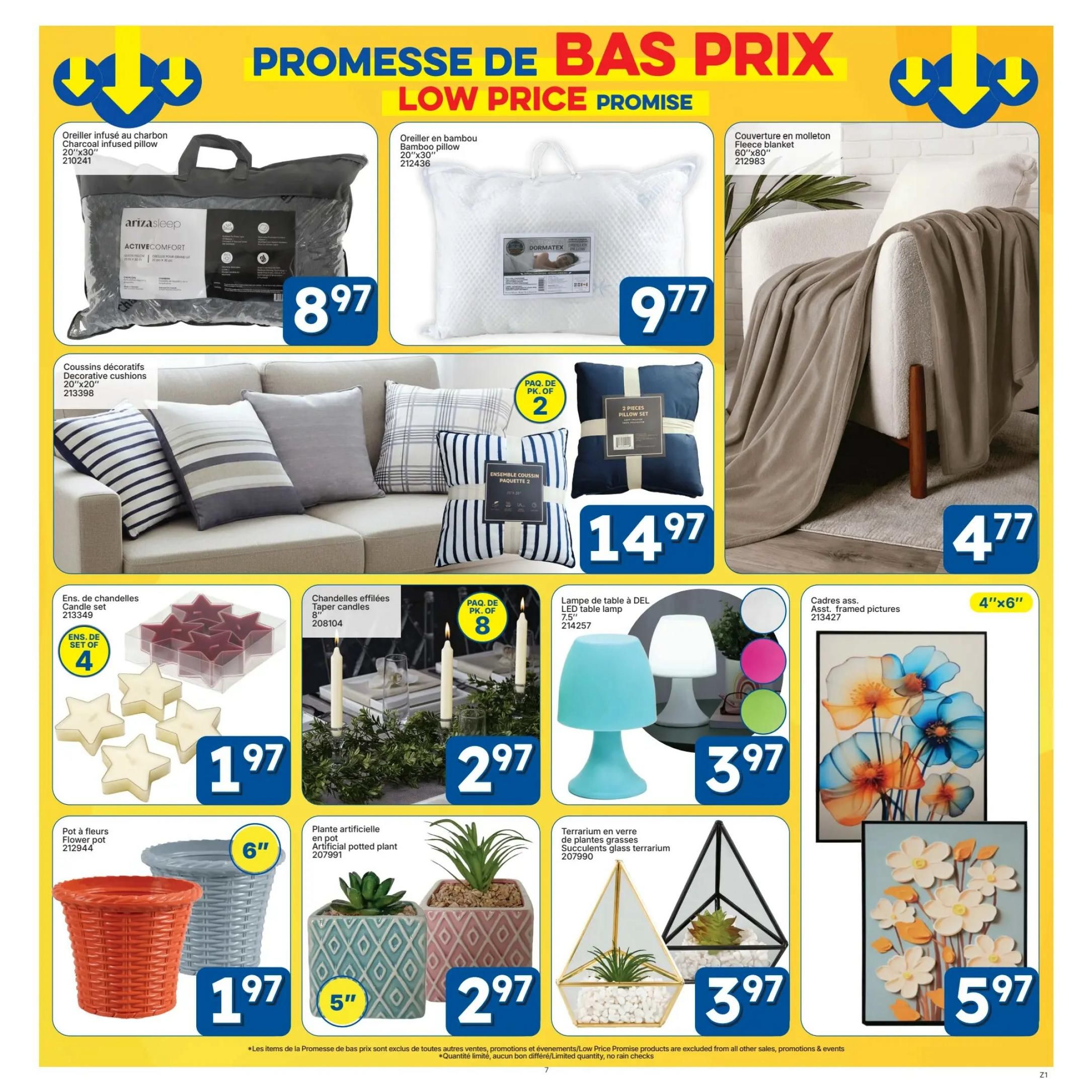 Rossy Low Price Promise flyer, page 7. Features a charcoal infused pillow for $8.97, a bamboo pillow for $9.77, and a fleece blanket for $4.77. Also available are decorative cushions for $14.97 for a 2-piece set. Candle sets are $1.97 for a set of 4 star-shaped tea lights and 8 taper candles for $2.97. LED table lamps are $3.97 in various colours. Flower pots are $1.97 for a 6-inch size. Artificial potted plants are $2.97 in decorative pots. Glass terrariums with succulents are $3.97. Framed pictures are available in 4'x6' size for $5.97.