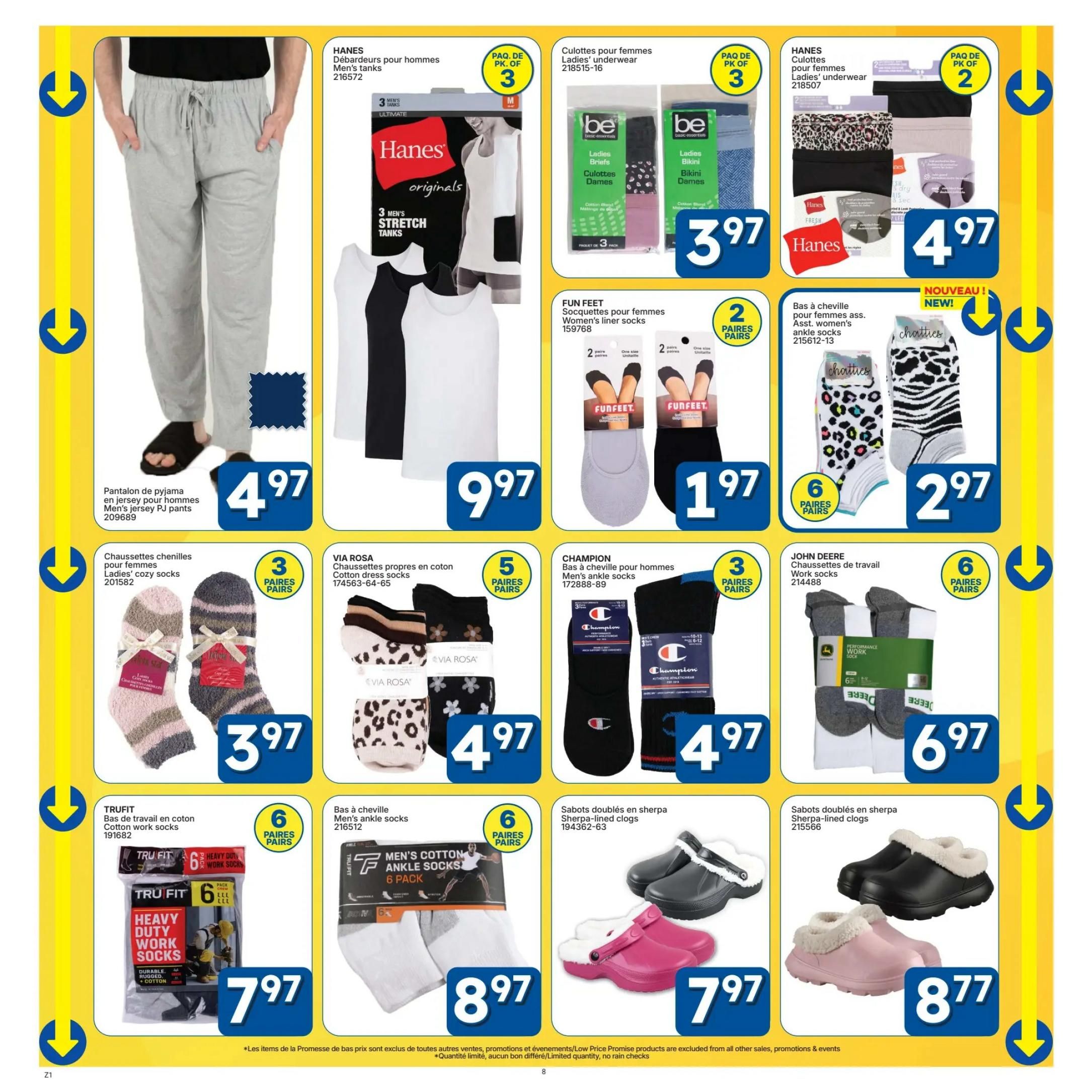 Rossy flyer page 8 features a variety of apparel and footwear. On the left, Men's jersey PJ pants are $4.97. Next, Hanes 3-pack men's stretch tanks are $9.97. To the right, Hanes 3-pack ladies' underwear (briefs and bikini styles) are $3.97. Following that, Hanes 2-pack ladies' underwear (briefs and bikini styles) are $4.97. Below the PJ pants, Ladies' cozy socks in 3-pair packs are $3.97. Via Rosa 5-pair cotton dress socks are $4.97. Fun Feet 2-pair women's liner socks are $1.97. New! Chattics 6-pair assorted women's ankle socks are $2.97. Champion 3-pair men's ankle socks are $4.97. TruFit 6-pair heavy duty cotton work socks are $7.97. Men's cotton ankle socks in a 6-pack are $8.97. Finally, sherpa-lined clogs are available in black and pink for $7.97 and $8.77 respectively.77 respectively.