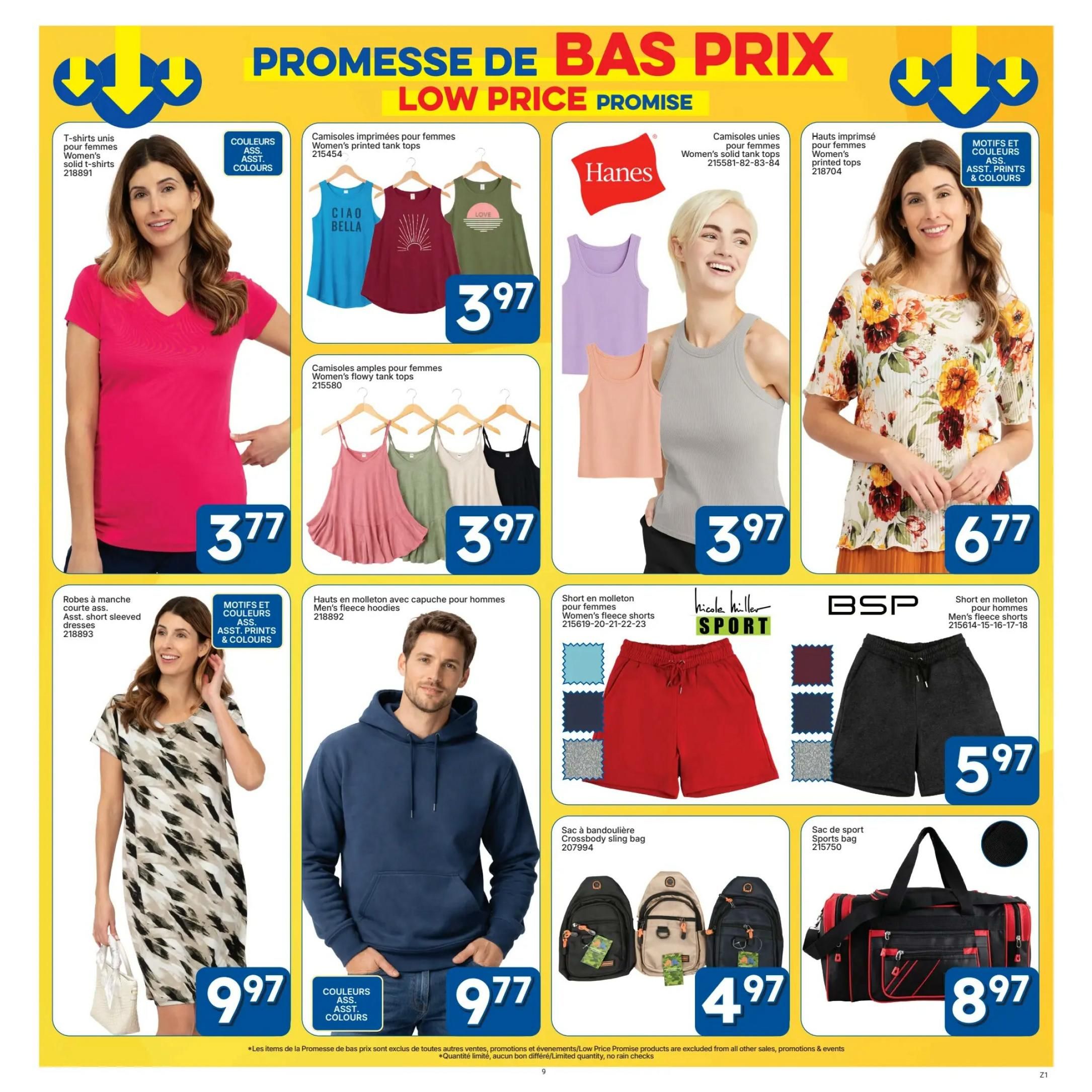 Rossy Low Price Promise flyer, page 9. Features Women's solid t-shirts for $3.77, available in assorted colours. Also shown are Women's printed tank tops for $3.97, and Women's flowy tank tops for $3.97. Hanes women's solid tank tops are $3.97. Women's printed tops are $6.77. Assorted short-sleeved dresses are $9.97. Men's fleece hoodies are $9.77. Women's fleece shorts are $3.97, and Men's fleece shorts are $5.97. Crossbody sling bags are $4.97 and sports bags are $8.97. A disclaimer states that Low Price Promise items are excluded from other sales, promotions & events, and quantities are limited with no rain checks.