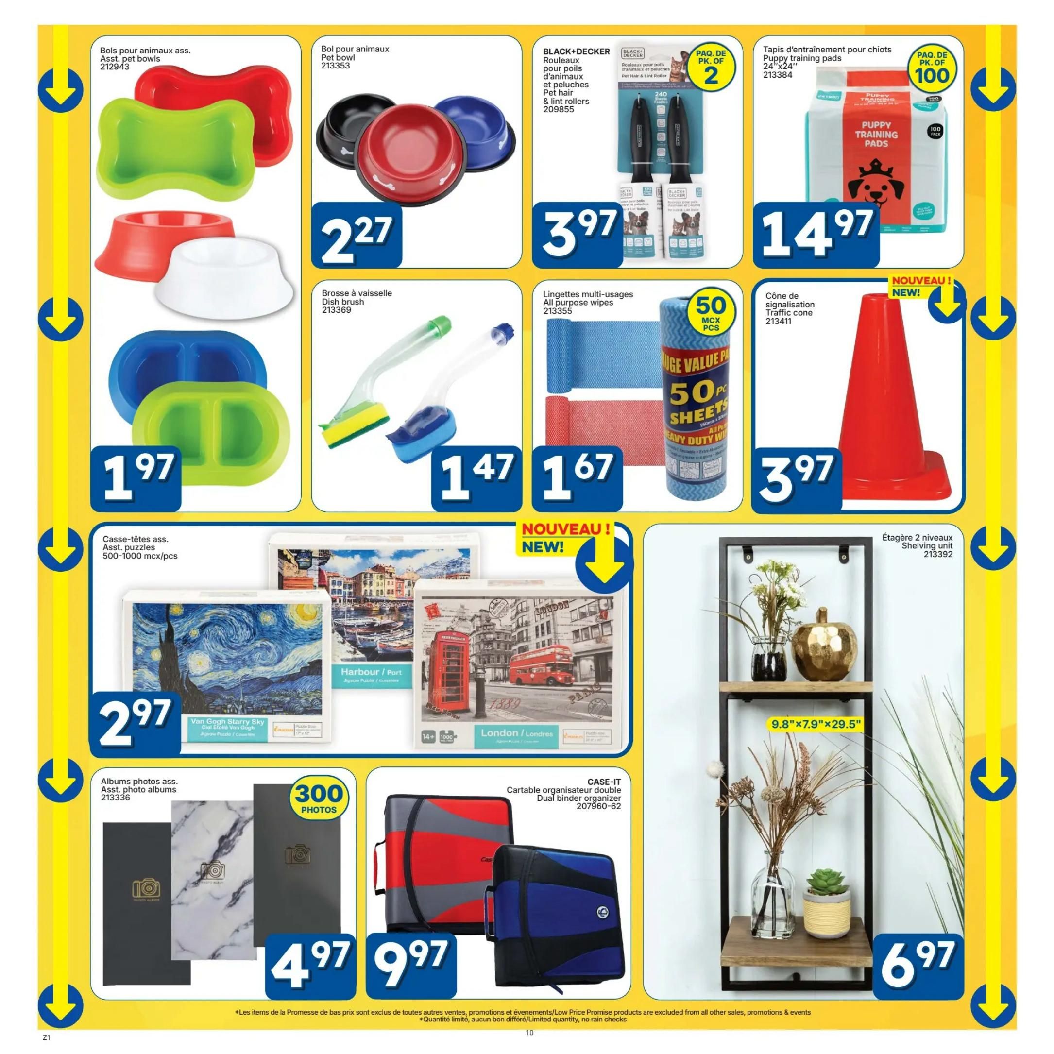 Rossy flyer page 10 features a variety of home and pet items. Assorted pet bowls are available for $2.27 and $1.97. A dish brush is priced at $1.47. Black+Decker pet hair and lint rollers are $3.97 for a 2-pack. Puppy training pads, 100 per pack, are $14.97. All-purpose wipes are $1.67 for 50 sheets. Jigsaw puzzles, including Van Gogh Starry Sky, Harbour/Port, and London themes, are $2.97 each. Assorted photo albums that hold 300 photos are $4.97. Dual binder organizers are $9.97. A 2-tier shelving unit measuring 9.8'x7.9'x29.5' is $6.97. A new traffic cone is also available for $3.97.