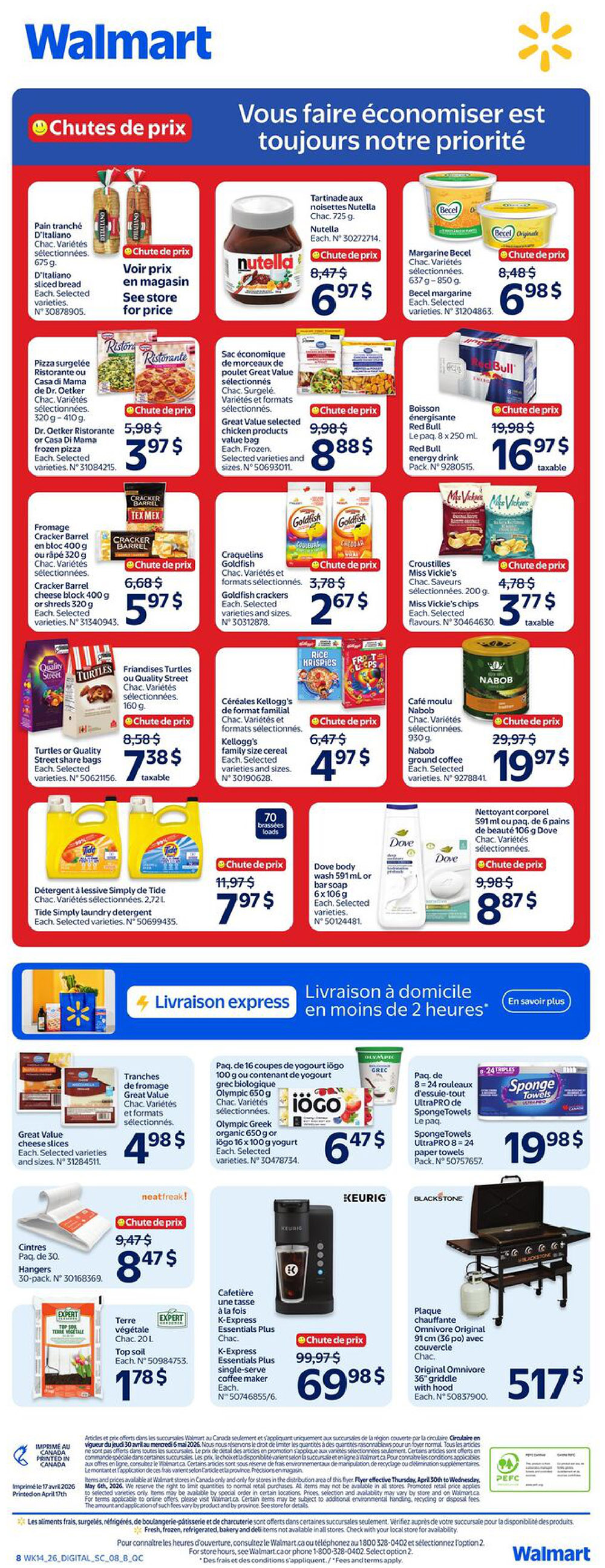 Walmart Canada weekly flyer specials page 2. Featured items include D'Italiano sliced bread for $3.97, Nutella hazelnut spread 725g for $6.97, Becel margarine 637g-850g for $6.98, Great Value frozen chicken products for $8.88, Red Bull energy drink 8 x 250 mL for $16.97, Cracker Barrel cheese blocks 320g for $5.97, Goldfish crackers for $2.67, Miss Vickie's chips for $3.77, Turtles or Quality Street share bags for $7.38, Kellogg's family size cereal for $4.97, Nabob ground coffee 930g for $19.97, Tide Simply laundry detergent 2.72 L for $7.97, Dove body wash 591 mL or bar soap 6 x 106g for $8.87, Great Value cheese slices for $4.98, Olympic Greek organic yogurt 650g or iögo 16 x 100g yogurt for $6.47, SpongeTowels UltraPRO 8 x 24 paper towels for $19.98, and a Blackstone Original 36' griddle with cover for $517. Also featured are K-Express Essentials Plus single-serve coffee makers for $69.98 and Top soil 20 L for $1.78.
