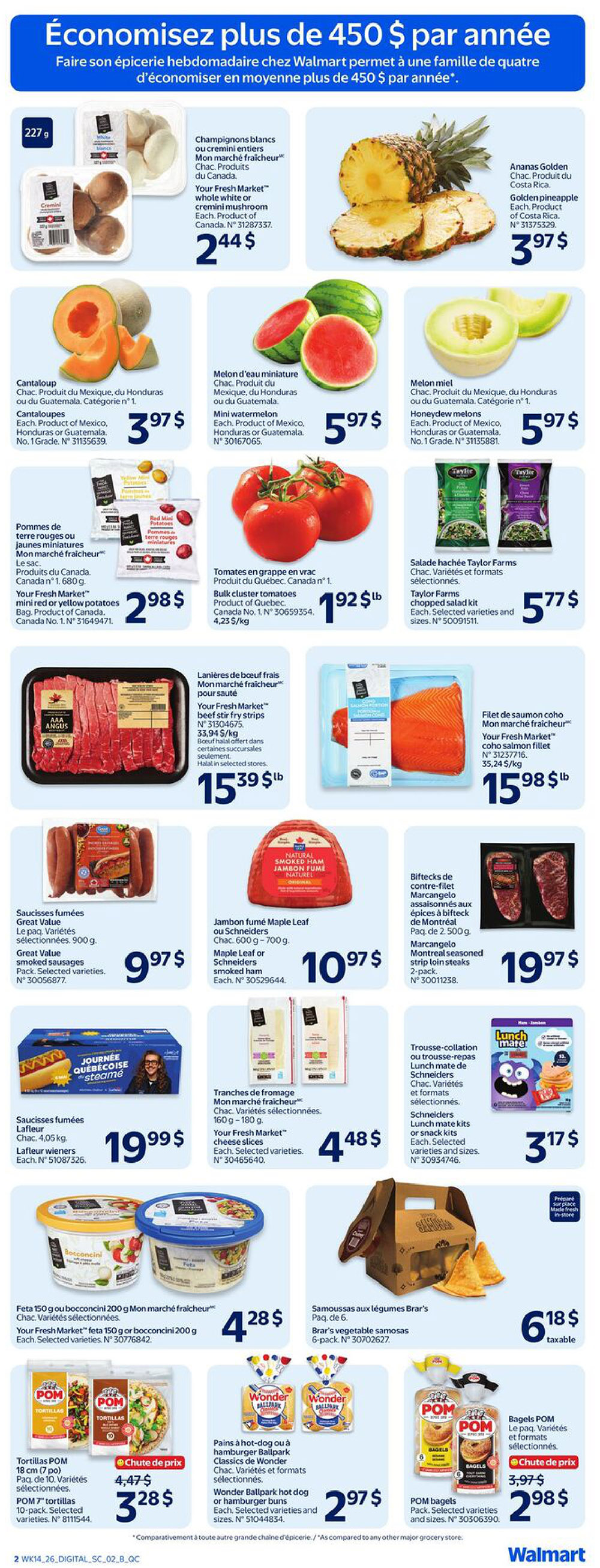 Walmart Canada weekly flyer specials page 3 features a variety of fresh produce and grocery items. Highlights include Your Fresh Market whole white or cremini mushrooms for $2.44, Golden pineapple from Costa Rica for $3.97, cantaloupes for $3.97, mini watermelons for $5.97, and honeydew melons for $5.97. Also featured are Your Fresh Market red or yellow mini potatoes for $2.98, and bulk cluster tomatoes for $1.92 per lb. Meat options include Your Fresh Market beef stir fry strips for $15.39 per lb and Your Fresh Market coho salmon fillet for $15.98. Other deals include Great Value smoked sausages for $9.97, Maple Leaf or Schneiders smoked ham for $10.97, Marcangelo Montreal seasoned strip loin steaks (2-pack) for $19.97, and Lafleur wieners for $19.99. For dairy and pantry items, find Your Fresh Market feta or bocconcini for $4.28, Brar's vegetable samosas (6-pack) for $6.18 taxable, Your Fresh Market cheese slices for $4.48, POM 7' tortillas (10-pack) on sale for $3.28, Wonder Ballpark hot dog or hamburger buns for $2.97, and POM bagels on sale for $2.98.