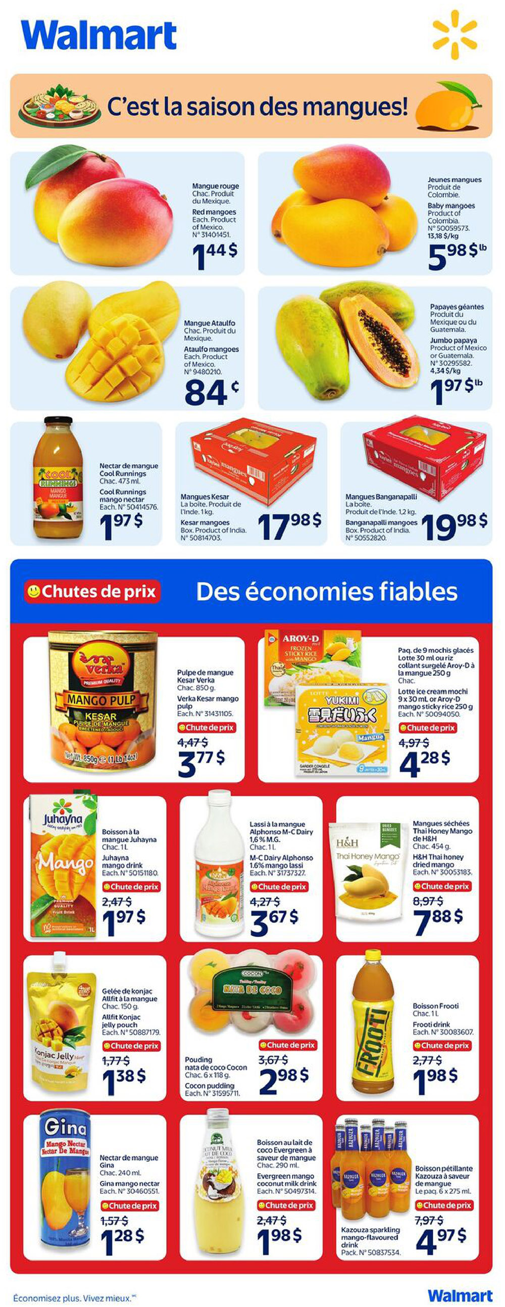 Walmart Canada flyer page 4 features a seasonal mango celebration. Featured are Red mangoes from Mexico for $1.44 each, Ataulfo mangoes from Mexico for $0.84 each, and baby mangoes from Colombia for $5.98 per lb. Also available are giant papayas from Mexico or Guatemala for $1.97 per lb. Other mango products include Cool Runnings mango nectar for $1.97, Kesari mangoes box for $17.98, and Banganapalli mangoes box for $19.98. The flyer also highlights price drops on various items: Verka Kesar mango pulp for $3.77, Aroy-D mango sticky rice mochi for $4.28, Juhayna mango drink for $1.97, M-C Dairy Alphonso mango lassi for $3.67, H&H Thai Honey mango dried mango for $7.88, Konjac jelly pouch for $1.38, Cocoon pudding for $2.98, Frooti drink for $1.98, Gina mango nectar for $1.28, Evergreen mango coconut milk drink for $1.98, and Kazouza sparkling mango-flavoured drink pack for $4.97.