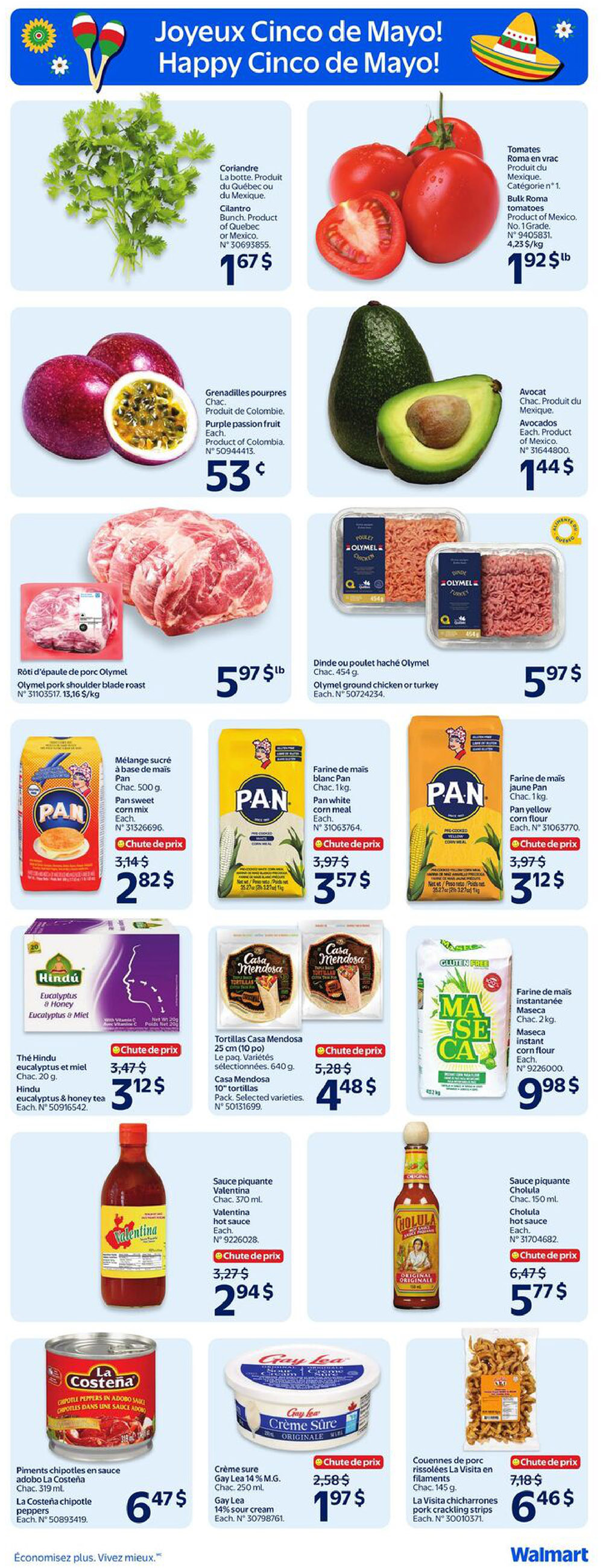 Walmart Canada flyer page 5 featuring Cinco de Mayo specials. Highlights include Cilantro bunches for $1.67, Roma tomatoes at $1.92/lb, and purple passion fruit for $0.53 each. Olymel pork shoulder roast is $5.97/lb, and Olymel ground chicken or turkey is $5.97 each. Pan sweet corn mix is on sale for $2.82, and Pan white corn meal is $3.57. Pan yellow corn flour is $3.12. Hindu eucalyptus and honey tea is $3.12, and Casa Mendosa 10' tortillas are $4.48. Masca instant corn flour (2kg) is $9.98. Valentina hot sauce (370ml) is $2.94, and Cholula hot sauce (150ml) is $5.77. La Costena chipotle peppers in adobo sauce are $6.47, Gay Lea 14% M.G. sour cream is $1.97, and La Visita chicharrones pork crackling strips are $6.46.