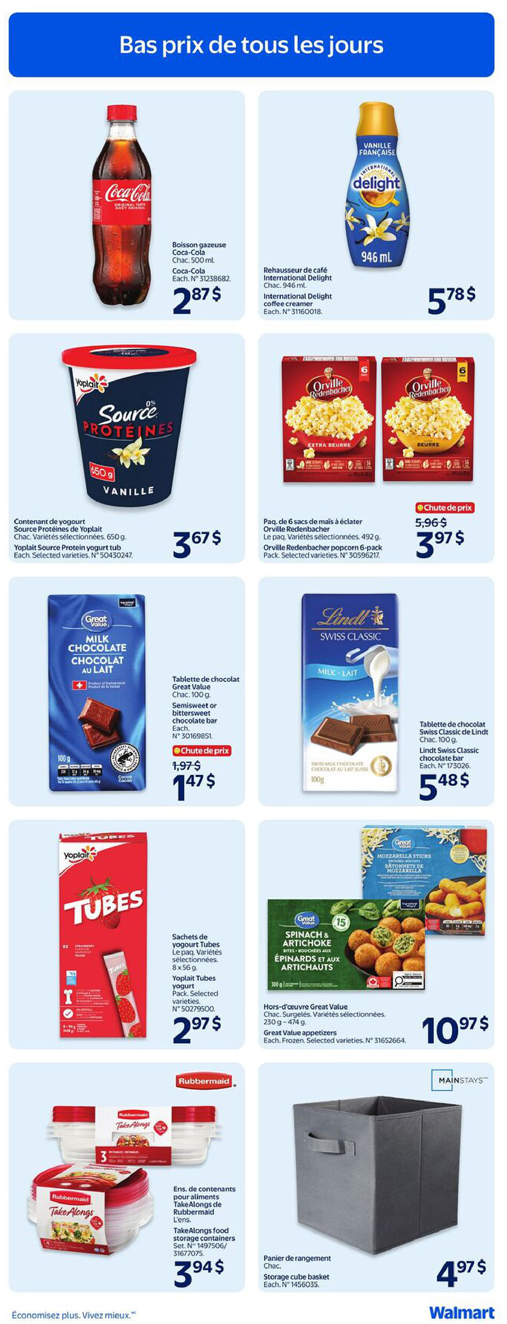 Walmart Canada weekly flyer specials page 8 features daily low prices. On this page, find Coca-Cola soft drink, 500 ml, for $2.87. International Delight coffee creamer, 946 ml, is $5.78. Yoplait Source Protéines vanilla yogurt tub, 650 g, is $3.67. Orville Redenbacher popcorn 6-pack is on sale for $3.97, down from $5.96. Great Value milk chocolate bars, 100 g, are $1.47, a price drop from $1.97. Lindt Swiss Classic milk chocolate bar, 100 g, is $5.48. Yoplait Tubes yogurt 8 x 56 g pack is $2.97. Great Value frozen appetizers, spinach and artichoke bites, 250 g - 474 g, are $10.97. Rubbermaid TakeAlongs food storage containers, 3-piece set, are $3.94. Mainstays storage cube basket is $4.97.