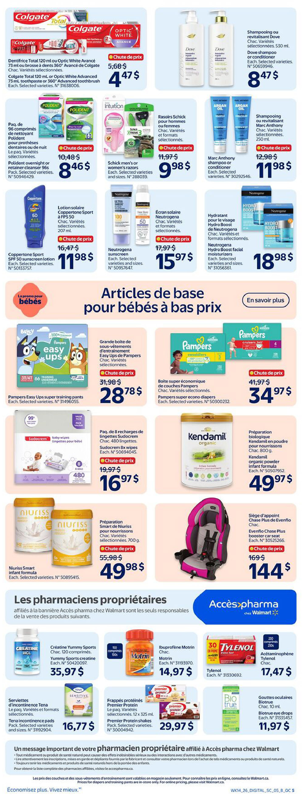 Walmart Canada weekly flyer specials page 10. Features Colgate Total toothpaste for $4.47, Dove shampoo or conditioner for $8.47, Polident denture cleanser for $8.46, Schick men's or women's razors for $9.98, and Marc Anthony shampoo or conditioner for $11.98. Also includes Coppertone Sport SPF 50 sunscreen lotion for $11.98 and Neutrogena sunscreen for $15.97. Baby articles include Pampers Easy Ups training pants for $28.78, Pampers super econo diapers for $34.97, Sudocrem 8x wipes for $16.97, and Kendamil organic powder infant formula for $49.97. Pharmacy section highlights Yummy Sports creatine for $35.97, Motrin ibuprofen for $14.97, Tylenol acetaminophen for $17.47, Premier Protein shakes for $29.97, Biotrue eye drops for $11.97, and Niuriss Smart infant formula for $49.98. An Evenflo Chase Plus booster car seat is on sale for $144. TENA incontinence pads are $16.77.