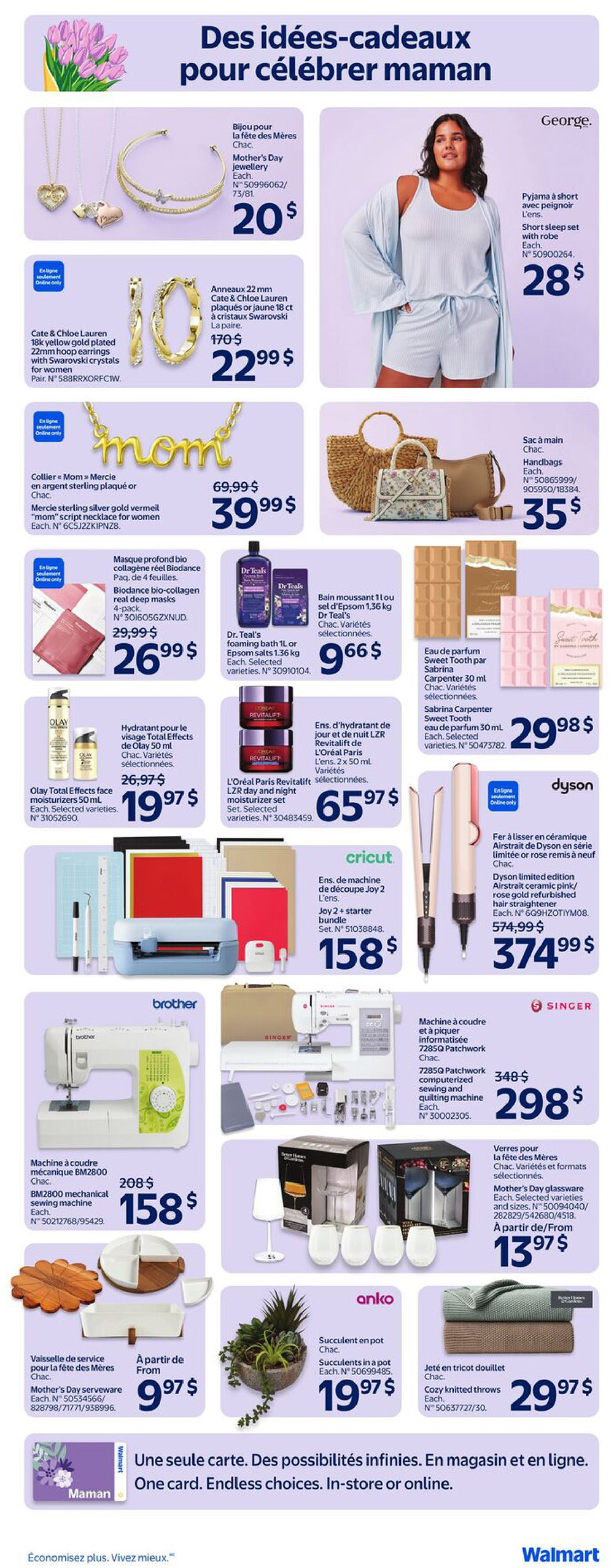 Walmart Canada flyer page 12 featuring Mother's Day gift ideas. Includes George. short sleep set with robe for $28, Cate & Chloe Lauren 18k yellow gold plated hoop earrings with Swarovski crystals for $22.99, and a 'Mom' sterling silver vermeil necklace for $39.99. Also features Dr. Teal's foaming bath for $9.66, Olay Total Effects face moisturizers for $19.97, L'Oréal Paris Revitalift moisturizer set for $65.97, and Sabrina Carpenter Sweet Tooth eau de parfum for $29.98. Crafting items include a Cricut Joy 2+ starter bundle for $158, a Brother BM2800 mechanical sewing machine for $158, and a Singer 7285Q Patchwork computerized sewing and quilting machine for $298. Home goods include Mother's Day serveware starting at $9.97, Anko succulents in a pot for $19.97, cozy knitted throws for $29.97, and Mother's Day glassware starting at $13.97. The page also highlights a Dyson limited edition Airstrait ceramic pink/rose gold hair straightener for $374.99.