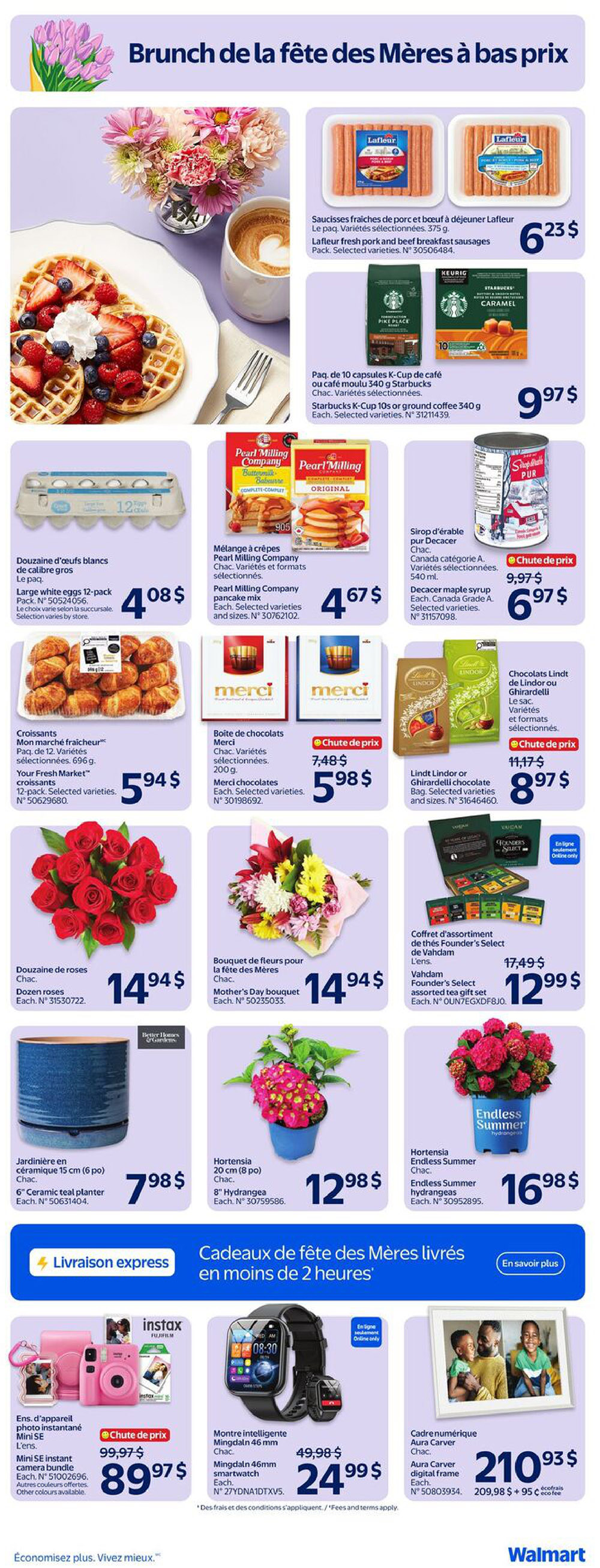 Walmart Canada flyer page 13, featuring Mother's Day brunch and gift ideas. Top section includes Lafleur fresh pork and beef breakfast sausages for $6.23, Starbucks K-Cup 10s or ground coffee for $9.97. Below are breakfast items: Large white eggs, 12-pack for $4.08, Pearl Milling Company pancake mix for $4.67, and Shagaf Pur maple syrup for $6.97. Also featured are croissants for $5.94, Merci chocolates for $5.98, and Lindt Lindor or Ghirardelli chocolate bags for $8.97. Gift ideas include a dozen roses for $14.94, a Mother's Day bouquet for $14.94, a 6' ceramic teal planter for $7.98, an 8' hydrangea for $12.98, and an Endless Summer hydrangea for $16.98. The bottom section highlights 'Mother's Day Gifts Delivered in Under 2 Hours' with a Mini SE instant camera bundle for $89.97 (originally $99.97), a Mingdaln 46mm smartwatch for $24.99 (originally $49.98), and an Aura Carver digital frame for $210.93.