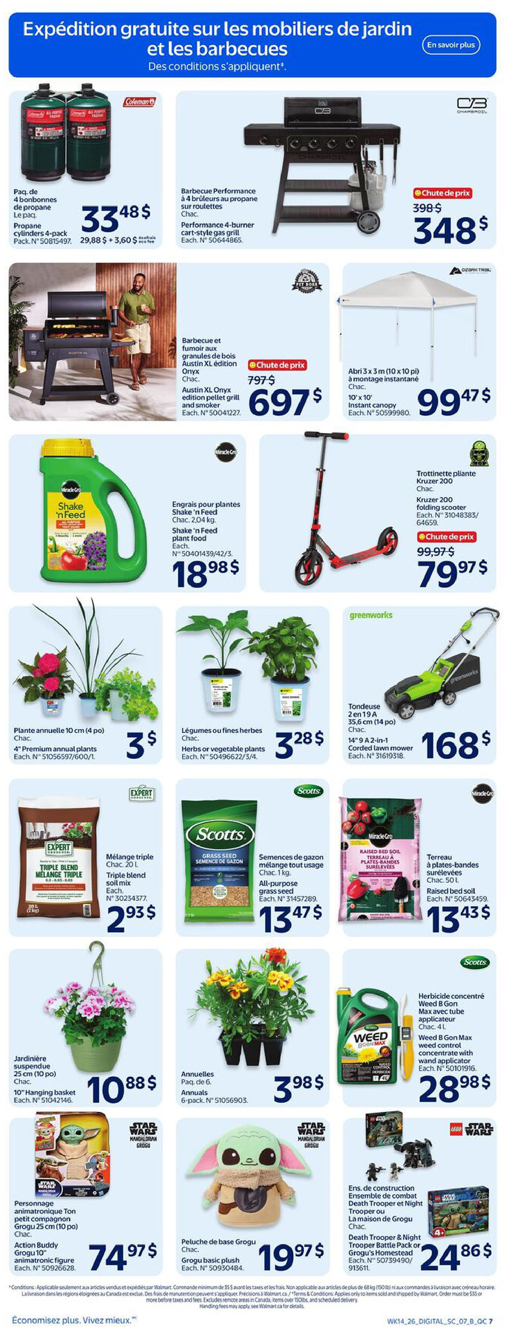 Walmart Canada flyer page 14 featuring outdoor and garden items. Offers include Coleman propane cylinders 4-pack for $33.48, a Performance 4-burner cart-style gas grill for $348 (originally $398), and an Austin XL Onyx edition pellet grill and smoker for $697 (originally $797). Also available are a 10' x 10' instant canopy for $99.47, Miracle-Gro Shake 'n Feed plant food (2.04 kg) for $18.98, and a Kruzer 200 folding scooter on sale for $79.97 (originally $99.97). Garden essentials include 4' premium annual plants for $3, herbs or vegetable plants for $3.28, a 14' 9 A 2-in-1 corded lawn mower for $168, Expert Triple Blend soil mix (20 L) for $2.93, Scotts all-purpose grass seed (1 kg) for $13.47, Miracle-Gro raised bed soil (50 L) for $13.43, a 10' hanging basket for $10.88, annuals 6-pack for $3.98, and Weed B Gon Max weed control concentrate for $28.98. For Star Wars fans, there's an Action Buddy Grogu 10' figure for $74.97 and a Grogu basic plush for $19.97. A Lego Star Wars Death Trooper & Night Trooper Battle Pack or Grogu's Homestea is available for $24.86.