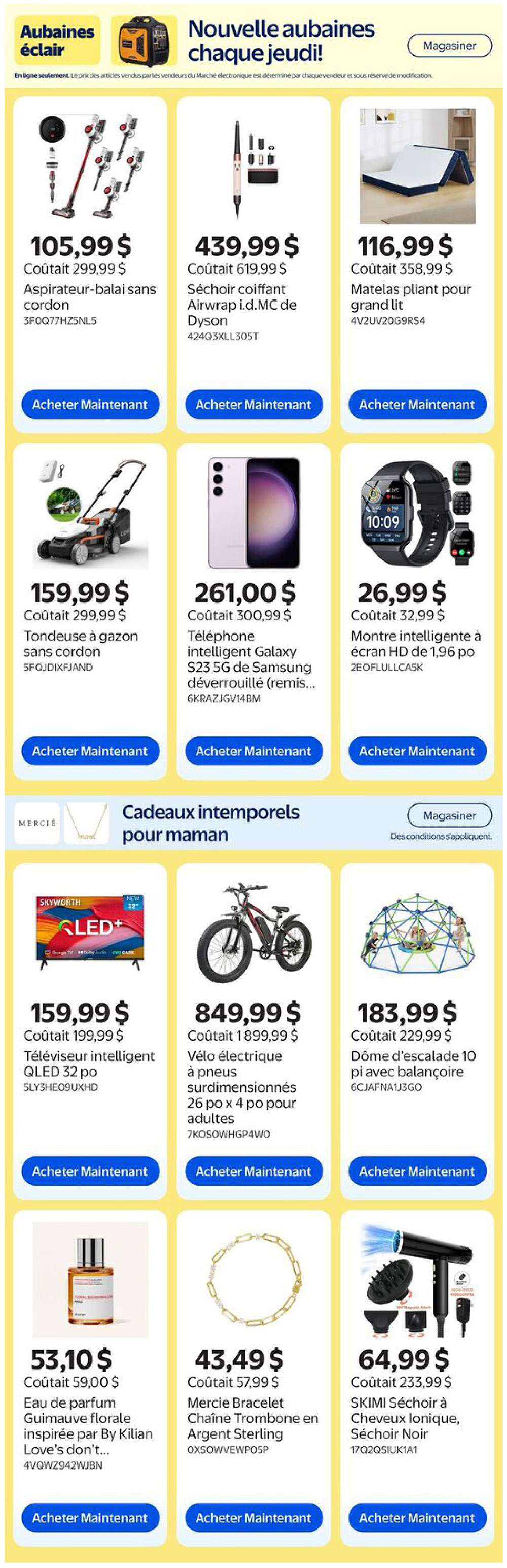 Walmart Canada weekly flyer specials page 15 featuring flash deals and Mother's Day gifts. Deals include a cordless stick vacuum for $105.99 (originally $299.99), a Dyson Airwrap hair styler for $439.99 (originally $619.99), and a folding mattress for $116.99 (originally $358.99). Also available are a lawnmower for $159.99 (originally $299.99), a Samsung Galaxy S23 5G phone for $261.00 (originally $300.99), and a smartwatch for $26.99 (originally $32.99). Mother's Day gift ideas include a Skyworth 32-inch QLED smart TV for $159.99 (originally $199.99), an electric fat-tire bike for $849.99 (originally $1899.99), and a 10-foot dome climber with swing set for $183.99 (originally $229.99). Additional items are a floral perfume inspired by Kilian Love's Don't... for $53.10 (originally $59.00), a sterling silver trombone chain bracelet for $43.49 (originally $57.99), and a SKIMI ionic hair dryer in black for $64.99 (originally $233.99).