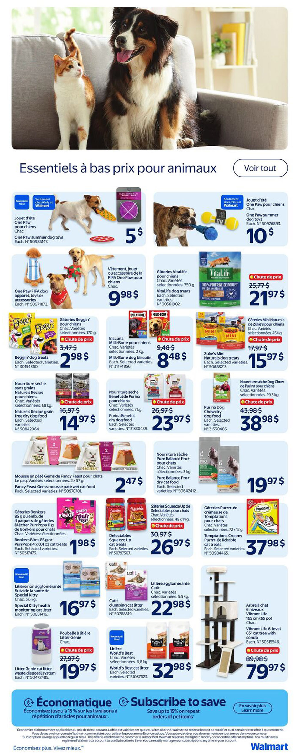 Walmart Canada flyer page 18 features a wide selection of pet essentials. Featured items include One Paw summer dog toys for $5, and One Paw dog apparel, toys or accessories for $9.98. Vitalife dog treats are available for $21.97, and Beggin' dog treats are on sale for $2.98. Milk-Bone dog biscuits are priced at $8.48. Nature's Recipe grain-free dry dog food is $14.97, and Purina Beneful dry dog food is $23.97. Fancy Feast Gems wet cat food is $2.47 per pack. Purina Dog Chow dry dog food is $38.98. Pure Balance Pro+ dry cat food for cats is $19.97. Bonkers Bites or PurrPops treats are $1.98. Delectables Squeeze Up cat treats are $26.97. Temptations Creamy Purrr-ee lickable cat treats are $37.98. Special Kitty clumping cat litter is $22.98. Litter Genie cat litter waste disposal system is $19.97. World's Best cat litter is $32.98. A Vibrant Life 6-level cat tree with condo is on sale for $79.97. The page also promotes 'Économatique' savings and a 'Subscribe to Save' offer for pet items.