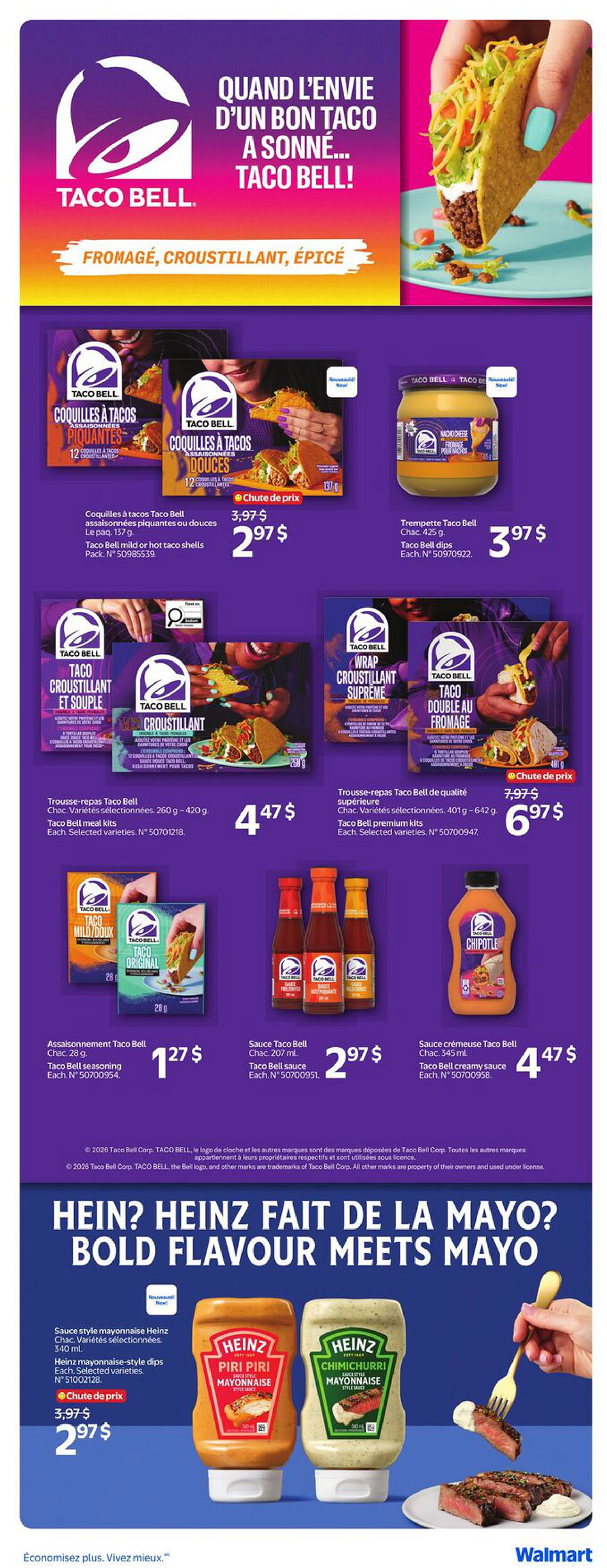Walmart Canada flyer page 19 featuring Taco Bell products and Heinz mayonnaise. Taco Bell offers include mild or hot taco shells for $2.97, Nacho Cheese Taco Bell dips for $3.97, Taco Bell meal kits for $4.47, Taco Bell premium kits for $6.97, Taco Bell seasoning for $1.27, Taco Bell sauce for $2.97, and Taco Bell creamy sauce for $4.47. The page also highlights Heinz mayonnaise-style dips, including Piri Piri and Chimichurri flavours, on sale for $2.97. The flyer is valid from April 30 to May 6, 2026.