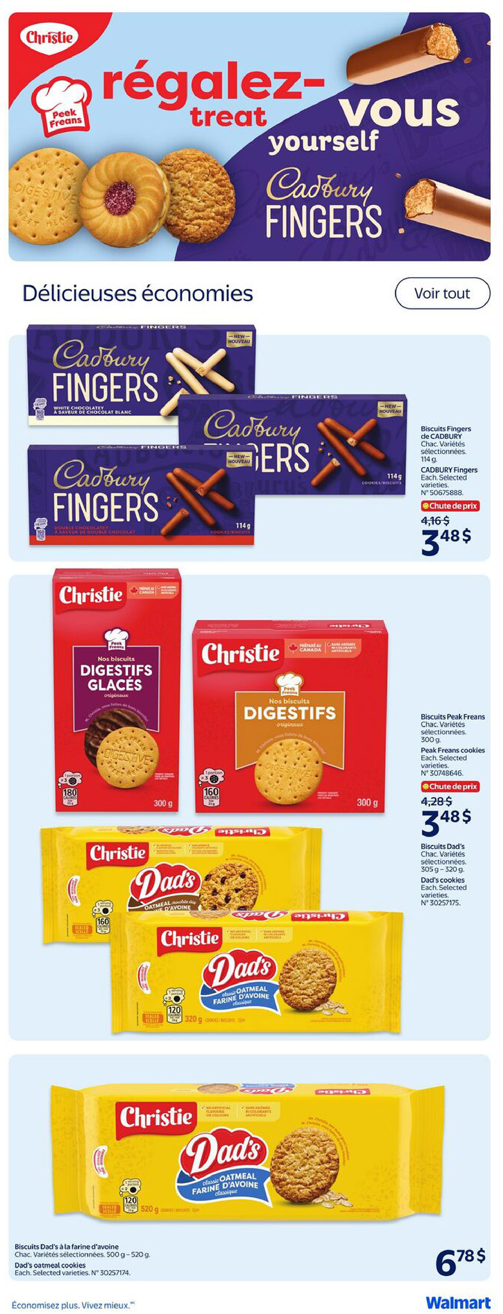Walmart Canada weekly flyer specials, page 20. Featuring Cadbury Fingers biscuits in white chocolatey and double chocolatey varieties, 114g, on sale for $3.48 each, down from $4.16. Also includes Christie Peak Freans Digestifs Glacés and Original biscuits, 300g, for $3.48 each, reduced from $4.28. Christie Dad's oatmeal cookies are available in 500g-520g packages for $6.78. The page highlights delicious savings on these popular cookie and biscuit brands.