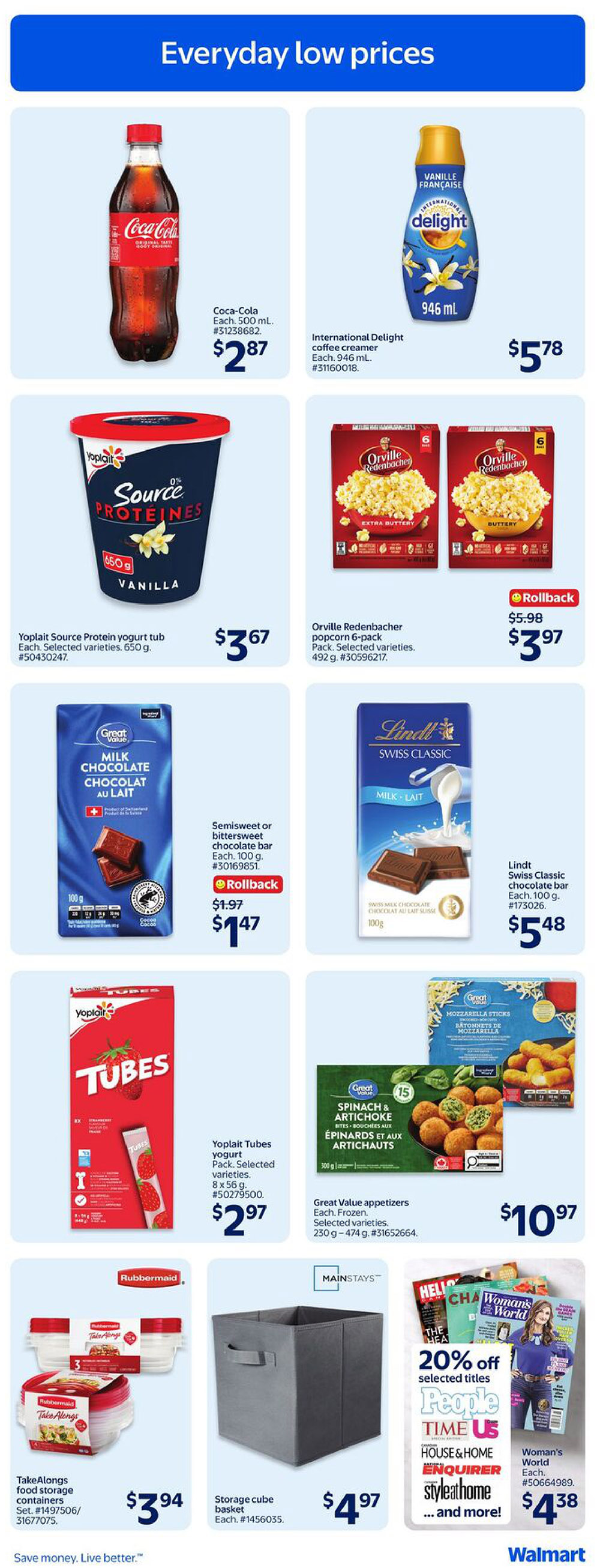 Walmart Canada flyer page 8 featuring everyday low prices. Items include Coca-Cola 500 mL for $2.87, International Delight coffee creamer 946 mL for $5.78, Yoplait Source Protein yogurt tub 650 g for $3.67, and Orville Redenbacher popcorn 6-pack for a rollback price of $3.97 (originally $5.98). Also featured are Great Value semisweet or bittersweet chocolate bars 100 g for a rollback price of $1.47 (originally $1.97), Lindt Swiss Classic chocolate bars 100 g for $5.48, Yoplait Tubes yogurt 8 x 56 g for $2.97, Great Value appetizers (Spinach & Artichoke) 230 g - 474 g for $10.97, Rubbermaid TakeAlongs food storage containers set for $3.94, and a Mainstays storage cube basket for $4.97. Additionally, there is a 20% off selected titles promotion on magazines like People, Time, Us, House & Home, Enquirer, Style at Home, and Woman's World, with Woman's World priced at $4.38.