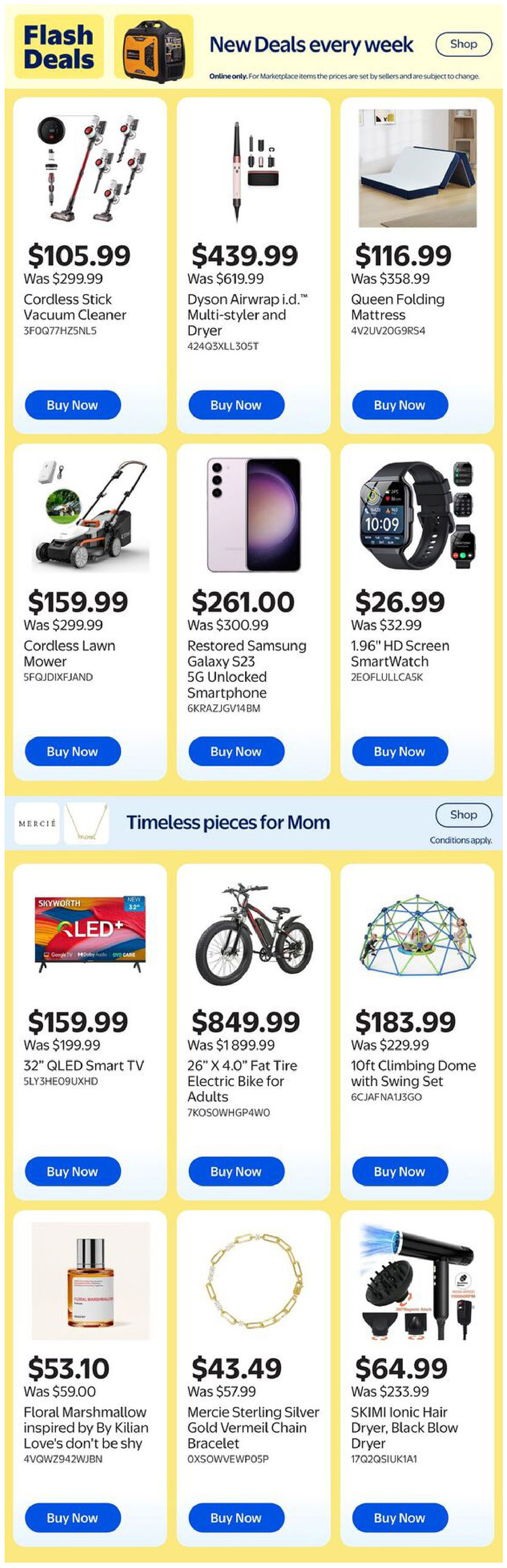 Walmart Canada flyer page 15 featuring 'Flash Deals' and 'Timeless pieces for Mom'. Flash Deals include a Cordless Stick Vacuum Cleaner for $105.99 (was $299.99), a Dyson Airwrap i.d. Multi-styler and Dryer for $439.99 (was $619.99), a Queen Folding Mattress for $116.99 (was $358.99), a Cordless Lawn Mower for $159.99 (was $299.99), a Restored Samsung Galaxy S23 5G Unlocked Smartphone for $261.00 (was $300.99), and a 1.96' HD Screen Smartwatch for $26.99 (was $32.99). The 'Timeless pieces for Mom' section offers a 32' QLED Smart TV for $159.99 (was $199.99), a 26' x 4.0' Fat Tire Electric Bike for Adults for $849.99 (was $1,899.99), a 10ft Climbing Dome with Swing Set for $183.99 (was $229.99), Floral Marshmallow perfume inspired by By Kilian Love's don't be shy for $53.10 (was $59.00), a Mercie Sterling Silver Gold Vermeil Chain Bracelet for $43.49 (was $57.99), and a SKIMI Ionic Hair Dryer, Black Blow Dryer for $64.99 (was $233.99).
