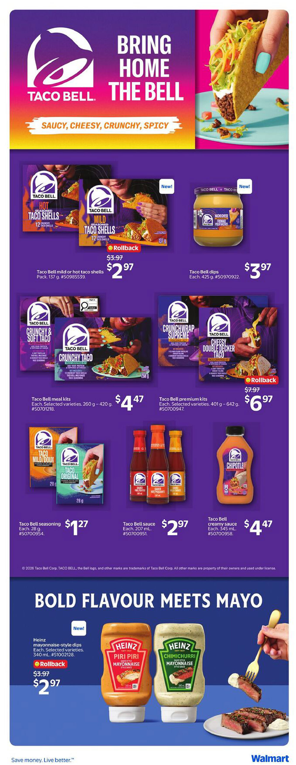 Walmart Canada flyer page 20 featuring Taco Bell products and Heinz mayonnaise-style dips. Taco Bell mild or hot taco shells, 137 g, are on rollback for $2.97, down from $3.97. Taco Bell dips, 425 g, are $3.97. Taco Bell meal kits, 260 g - 420 g, are $4.47. Taco Bell premium kits, 401 g - 642 g, are $6.97, down from $7.97. Taco Bell seasoning, 28 g, is $1.27. Taco Bell sauce, 207 mL, is $2.97. Taco Bell creamy sauce, 345 mL, is $4.47. Also featured are Heinz Piri Piri mayonnaise-style dip and Heinz Chimichurri sauce-style mayonnaise, 540 mL, on rollback for $2.97, down from $3.97.