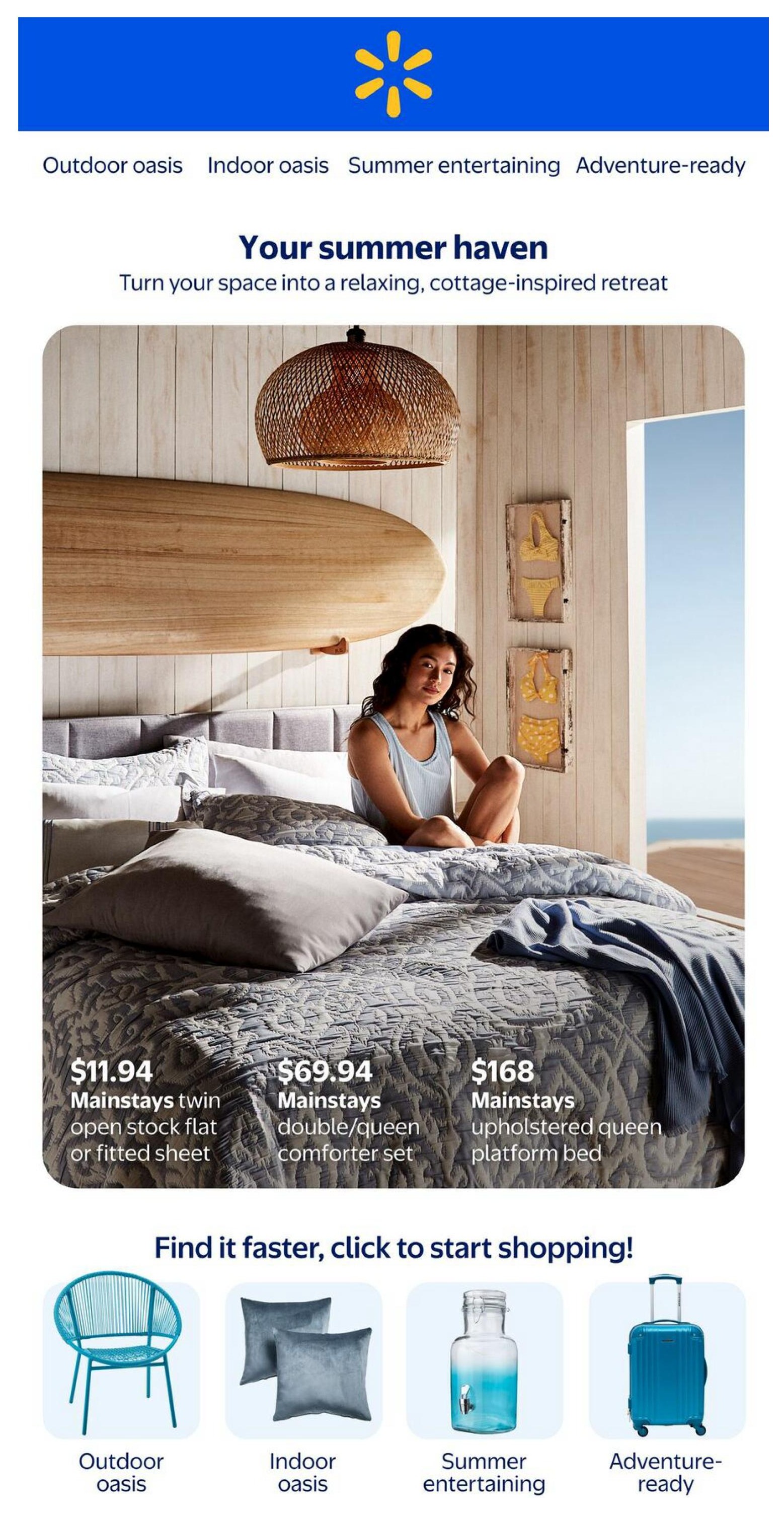 Walmart Canada flyer page featuring 'Your summer haven' theme. The page showcases bedroom decor with a woman sitting on a bed. Featured products include Mainstays twin open stock flat or fitted sheet for $11.94, Mainstays double/queen comforter set for $69.94, and Mainstays upholstered queen platform bed for $168. Below, find quick shopping links for Outdoor oasis, Indoor oasis, Summer entertaining, and Adventure-ready categories, with corresponding icons.