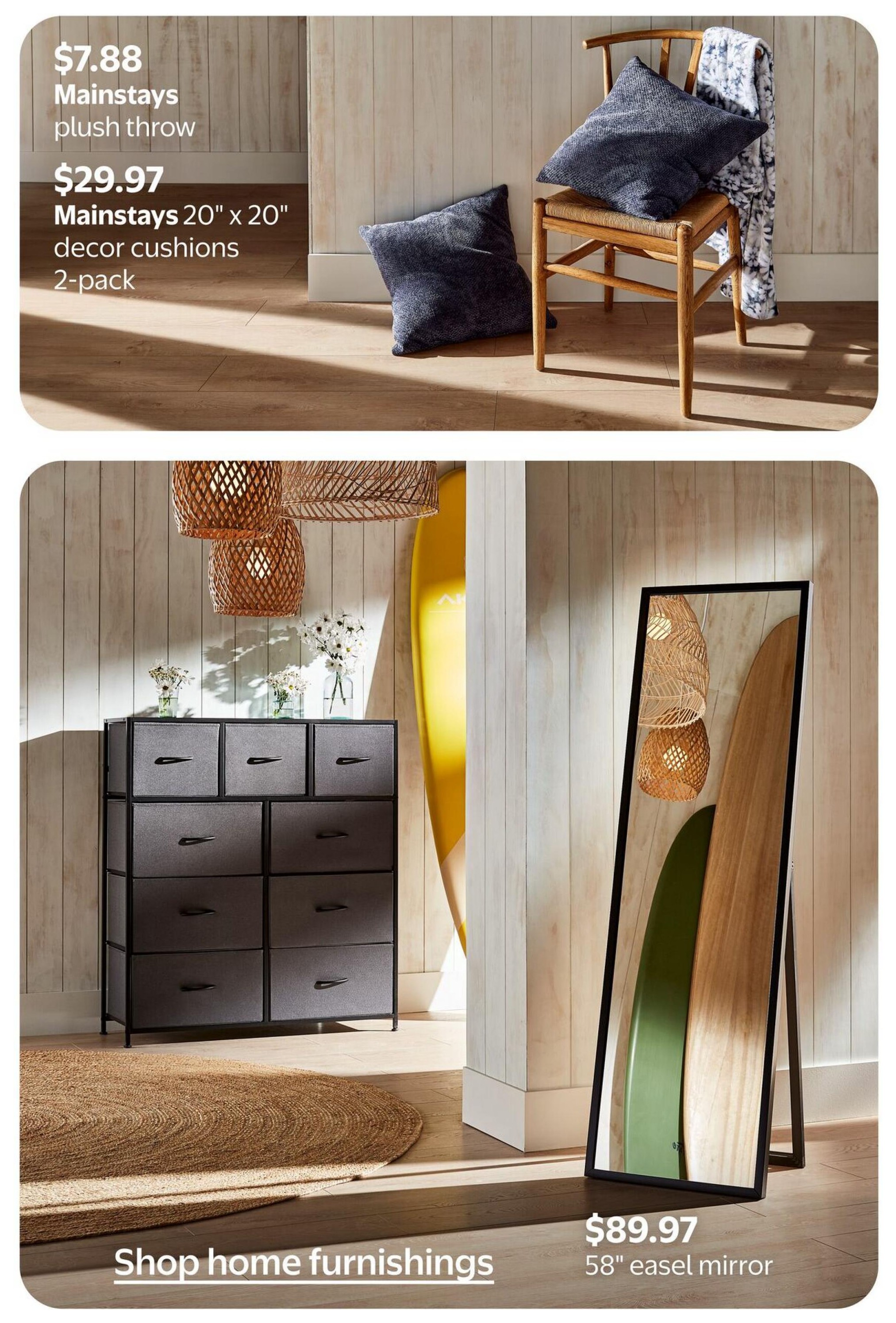 Walmart Canada flyer, page 2. Featured home furnishings include a Mainstays plush throw for $7.88 and a 2-pack of Mainstays 20' x 20' decor cushions for $29.97. Also shown is an 89.97 58' easel mirror. The page includes a call to action to 'Shop home furnishings' and displays a grey fabric dresser and a round jute rug.