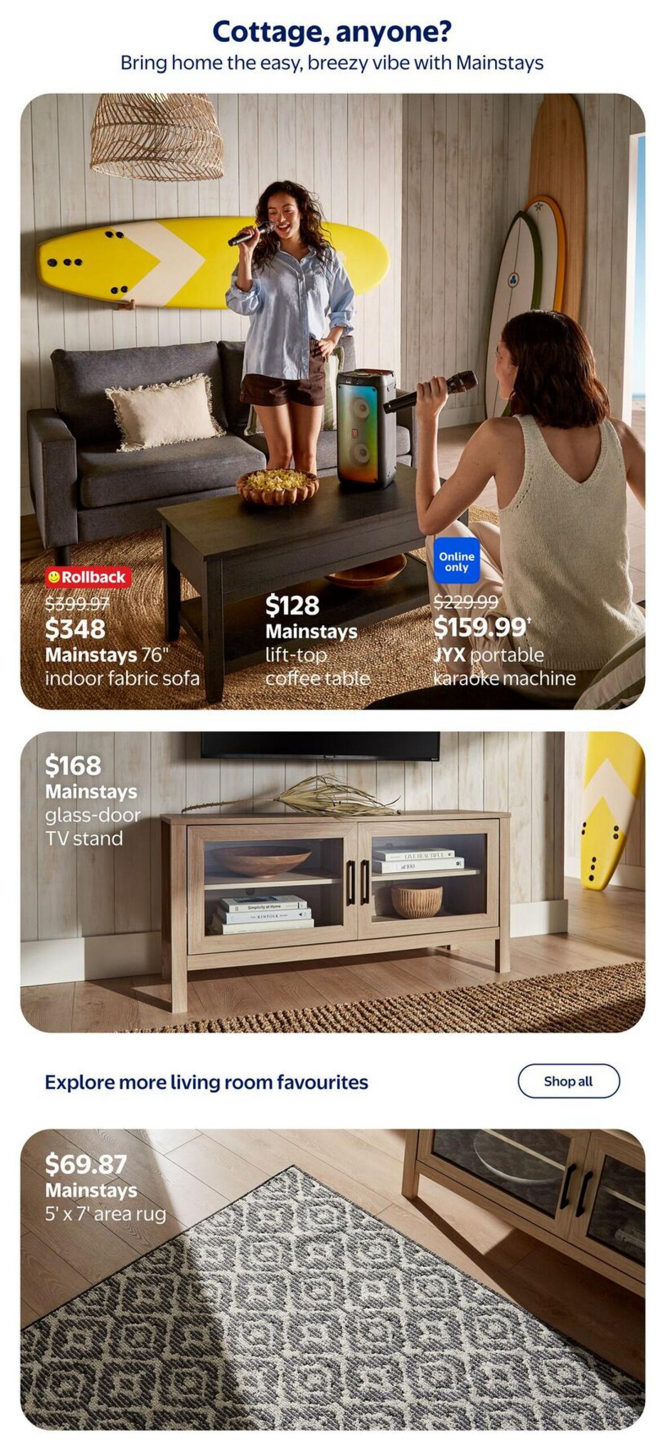 Walmart Canada flyer, page 3, featuring 'Cottage, anyone? Bring home the easy, breezy vibe with Mainstays.' Products include a Mainstays 76' indoor fabric sofa on rollback for $348 (originally $399.97), a Mainstays lift-top coffee table for $128, and a JYX portable karaoke machine for $159.99 (originally $229.99, online only). Also shown is a Mainstays glass-door TV stand for $168 and a Mainstays 5' x 7' area rug for $69.87. The page encourages exploring more living room favourites with a 'Shop all' button.