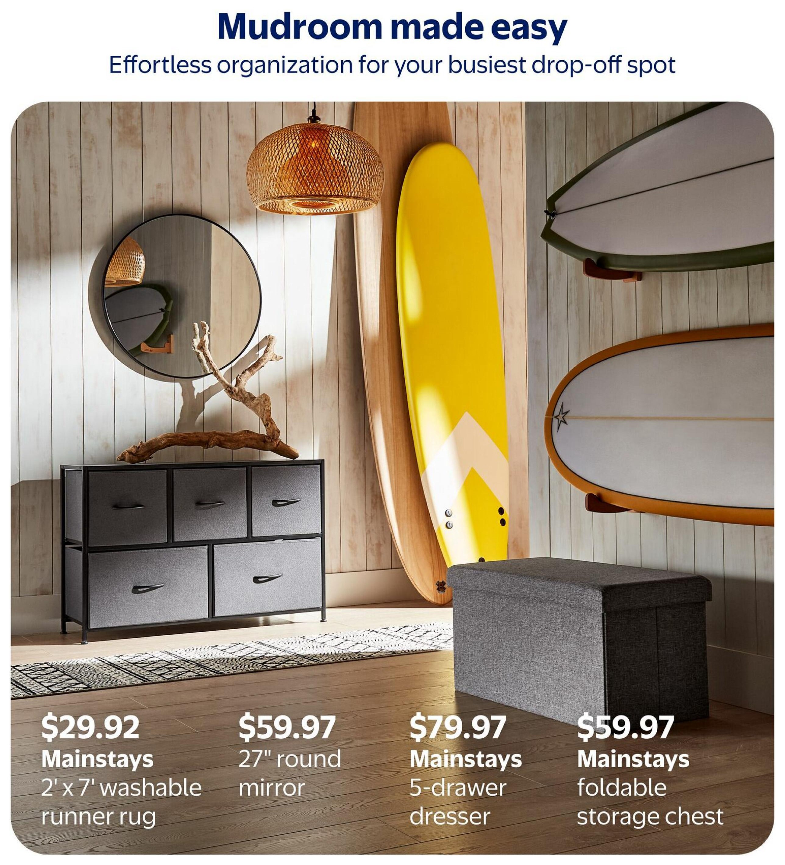 Walmart Canada flyer page 5, featuring mudroom organization solutions. Products include a Mainstays 2' x 7' washable runner rug for $29.92, a 27' round mirror for $59.97, a Mainstays 5-drawer dresser for $79.97, and a Mainstays foldable storage chest for $59.97. The page title is 'Mudroom made easy' with the subtitle 'Effortless organization for your busiest drop-off spot.