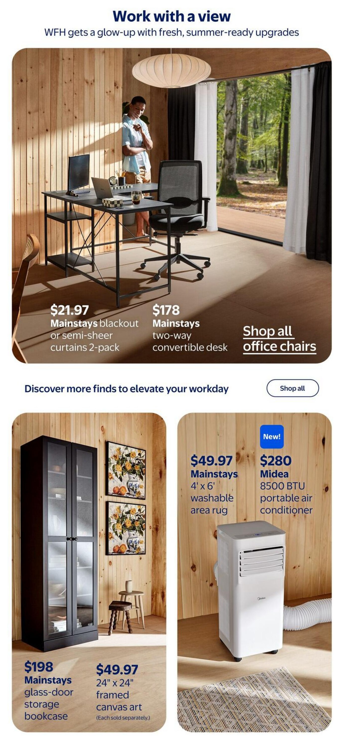 Walmart Canada flyer page 6, featuring home office and decor items. Top section shows a workspace with a Mainstays blackout or semi-sheer curtains 2-pack for $21.97 and a Mainstays two-way convertible desk for $178. A 'Shop all office chairs' link is also present. The bottom section highlights a Mainstays glass-door storage bookcase for $198, Mainstays 24' x 24' framed canvas art for $49.97 (each sold separately), a Mainstays 4' x 6' washable area rug for $49.97, and a new Midea 8500 BTU portable air conditioner for $280. A 'Discover more finds to elevate your workday' section with a 'Shop all' button is also visible.