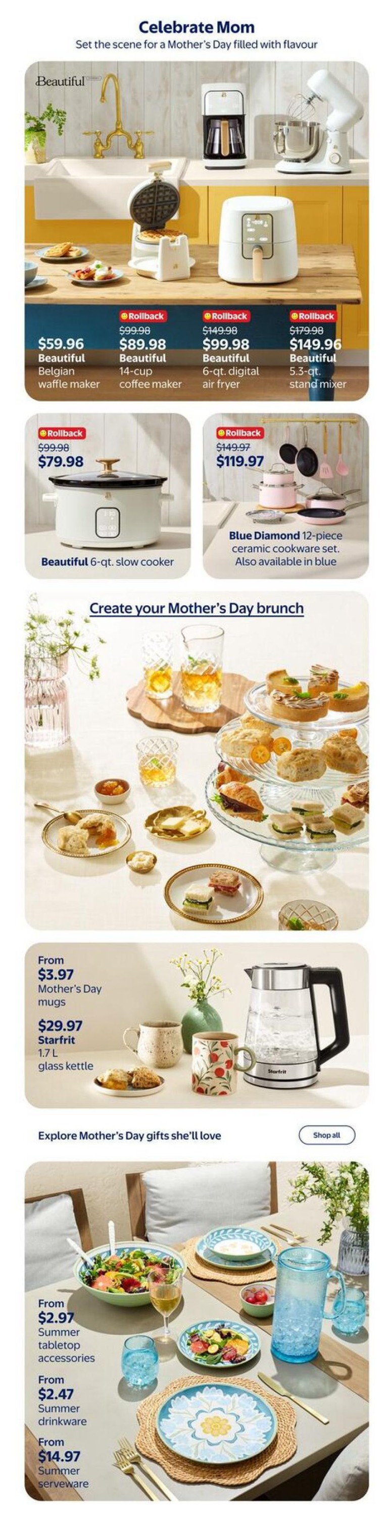 Walmart Canada flyer page celebrating Mom with kitchenware and tableware. Features Beautiful Belgian waffle maker for $59.96, Beautiful 14-cup coffee maker for $89.98 (rollback from $99.98), Beautiful 6-qt. digital air fryer for $99.98 (rollback from $149.98), and Beautiful 5.3-qt. stand mixer for $149.96 (rollback from $179.98). Also available is a Beautiful 6-qt. slow cooker for $79.98 (rollback from $99.98) and a Blue Diamond 12-piece ceramic cookware set for $119.97 (rollback from $149.97). The page also showcases Mother's Day brunch items, including Mother's Day mugs starting from $3.97, a Starfrit 1.7 L glass kettle for $29.97, and summer tableware with items like summer tabletop accessories from $2.97, summer drinkware from $2.47, and summer serveware from $14.97.