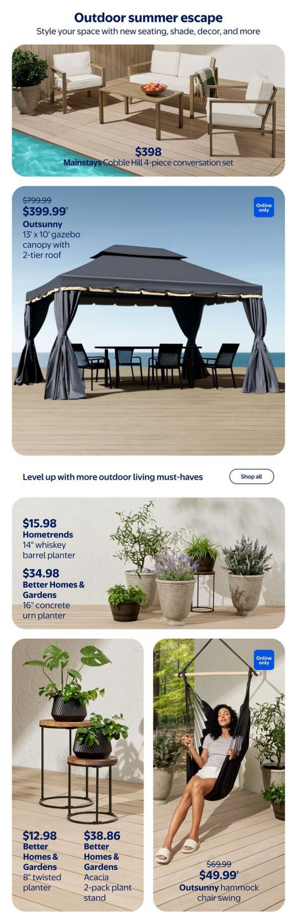 Walmart Canada flyer page 16, featuring outdoor summer escape items. Includes the Mainstays Cobble Hill 4-piece conversation set for $398. An Outsunny 13' x 10' gazebo canopy with a 2-tier roof is on sale for $399.99, originally $799.99, available online only. Also featured are Hometrends 14' whiskey barrel planter for $15.98, Better Homes & Gardens 16' concrete urn planter for $34.98, Better Homes & Gardens 8' twisted planter for $12.98, and a Better Homes & Gardens Acacia 2-pack plant stand for $38.86. An Outsunny hammock chair swing is available for $49.99, originally $69.99, online only. The page also includes a 'Shop all' button for more outdoor living must-haves.