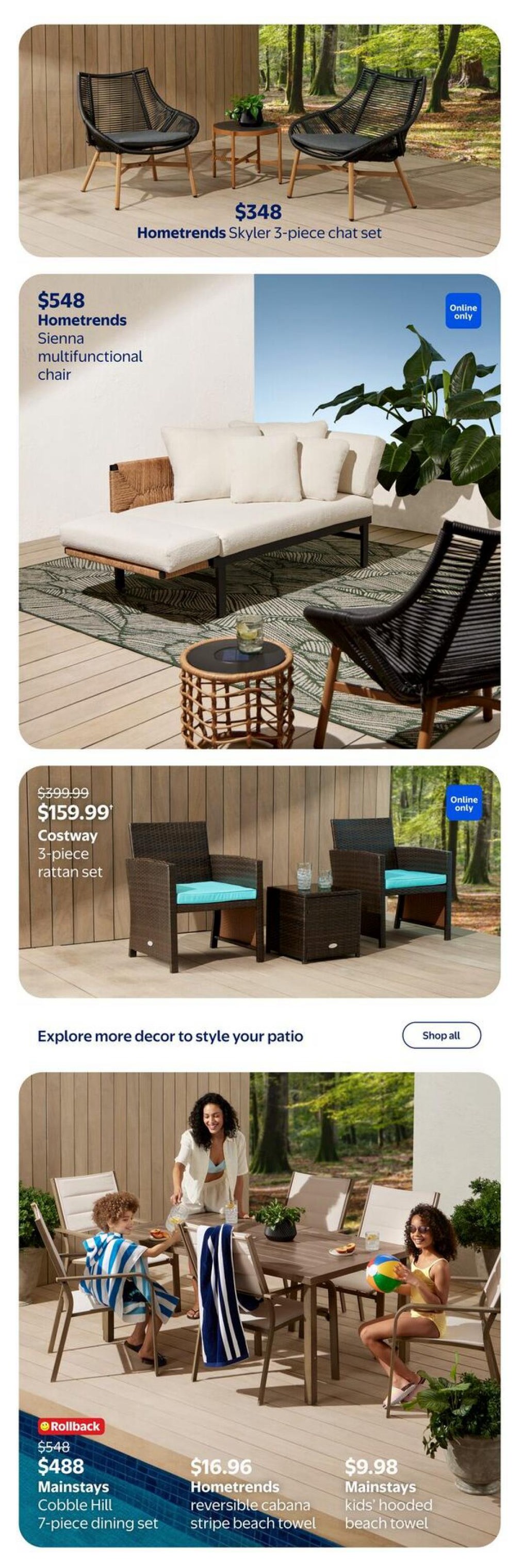 Walmart Canada flyer page featuring patio furniture and summer essentials. Top section shows the Hometrends Skyler 3-piece chat set for $348. Below is the Hometrends Sienna multifunctional chair, available online only. The next section features the Costway 3-piece rattan set, originally $399.99, now on sale for $159.99. A section titled 'Explore more decor to style your patio' includes a 'Shop all' button. The bottom section highlights a Rollback deal on the Mainstays Cobble Hill 7-piece dining set, reduced from $548 to $488. Also featured are the Hometrends reversible cabana stripe beach towel for $16.96 and Mainstays kids' hooded beach towel for $9.98.