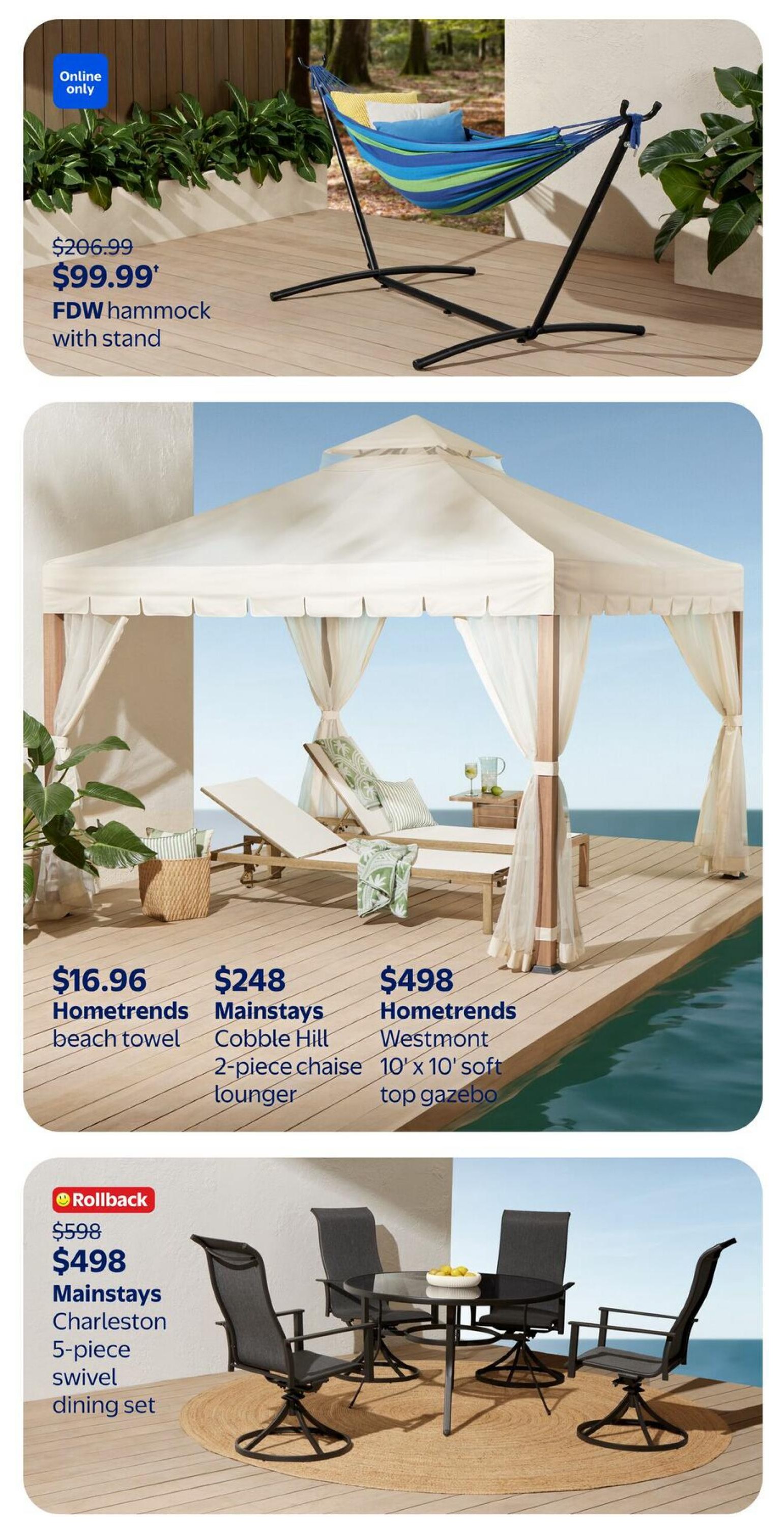 Page 18 of the Walmart Canada flyer features outdoor living items. A blue and green striped FDH hammock with stand is on sale for $99.99, down from $206.99, available online only. Also featured are a Hometrends beach towel for $16.96, a Mainstays Cobble Hill 2-piece chaise lounger for $248, and a Hometrends Westmont 10' x 10' soft top gazebo for $498. A Mainstays Charleston 5-piece swivel dining set is a Rollback item, priced at $498, originally $598.