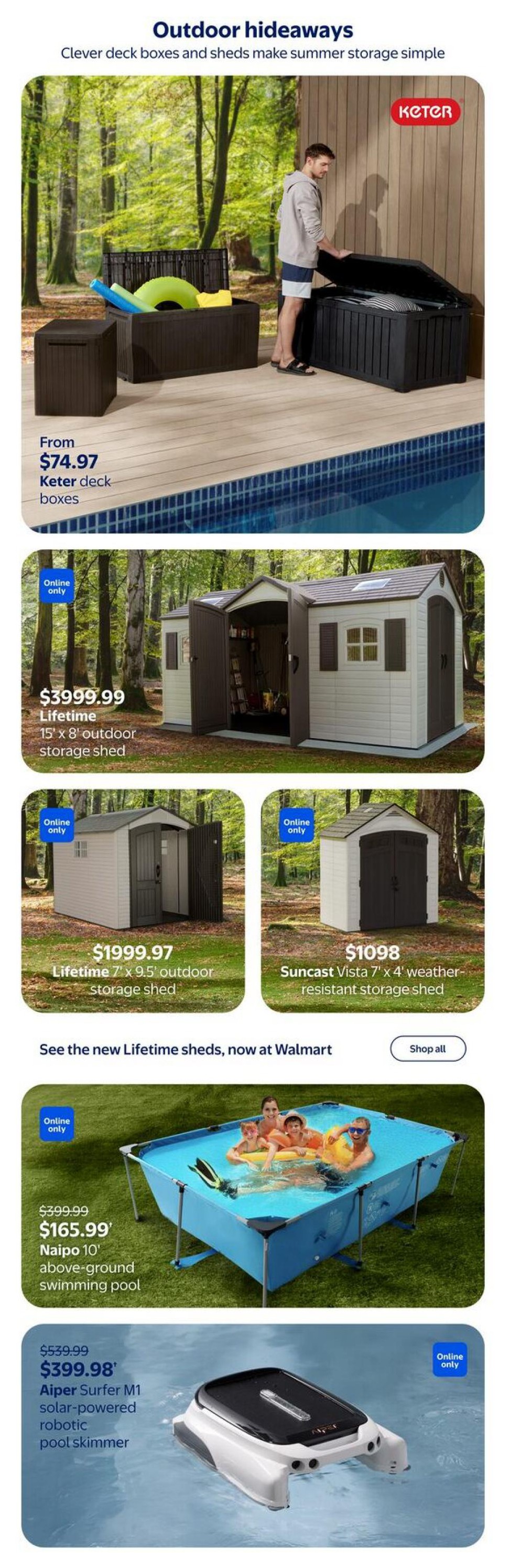 Walmart Canada flyer page 20 showcasing outdoor storage and pool accessories. Features Keter deck boxes starting from $74.97. Also includes a Lifetime 15' x 8' outdoor storage shed for $3999.99, a Lifetime 7' x 9.5' outdoor storage shed for $1999.97, and a Suncast Vista 7' x 4' weather-resistant storage shed for $1098. On sale is the Naipo 10' above-ground swimming pool, reduced from $399.99 to $165.99. Additionally, the Aiper Surfer M1 solar-powered robotic pool skimmer is available for $399.98, down from $539.99. Several items are marked 'Online only'.