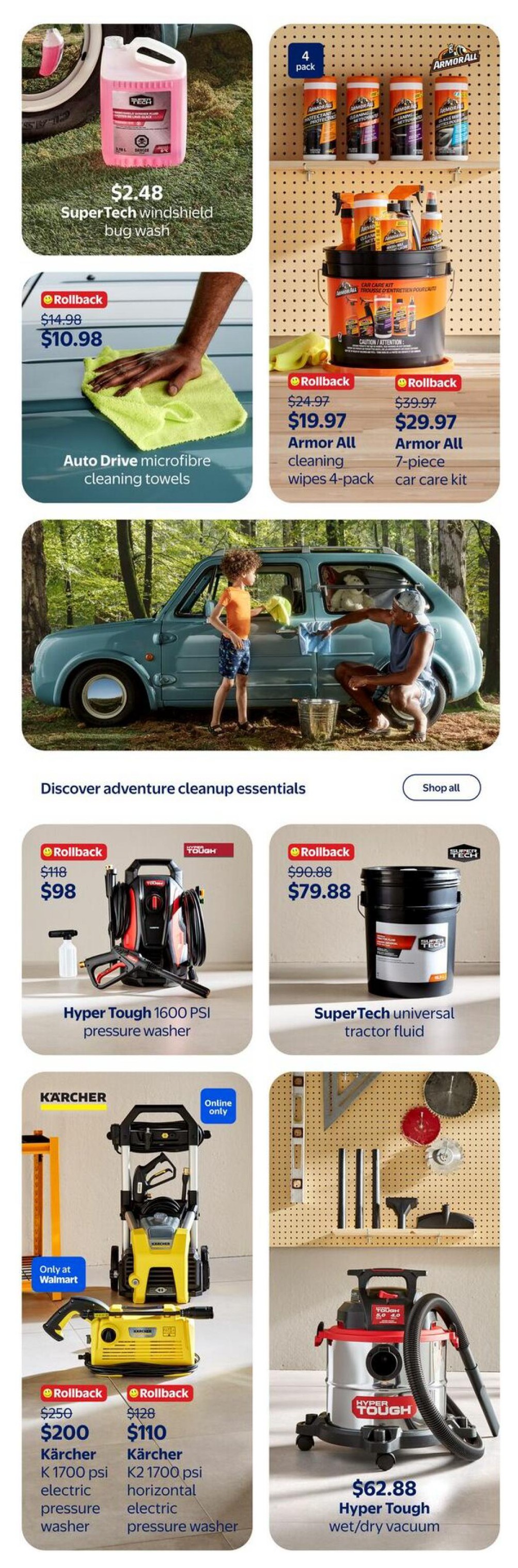 Walmart Canada flyer page 23 features adventure cleanup essentials. On the top left, SuperTech windshield bug wash is $2.48. Next to it, Auto Drive microfibre cleaning towels are on rollback for $10.98, down from $14.98. The top right section showcases Armor All products: a 4-pack of cleaning wipes for $19.97 (rollback from $24.97) and a 7-piece car care kit for $29.97 (rollback from $39.97). Below, a Hyper Tough 1600 PSI pressure washer is on rollback for $98, down from $118. Beside it, Super Tech universal tractor fluid is $79.88 (rollback from $90.88). The bottom section highlights Kärcher pressure washers: the K 1700 psi electric pressure washer is $200 (rollback from $250) and the K2 1700 psi horizontal electric pressure washer is $110 (rollback from $128), noted as 'Online only' and 'Only at Walmart'. Finally, a Hyper Tough wet/dry vacuum is available for $62.88.