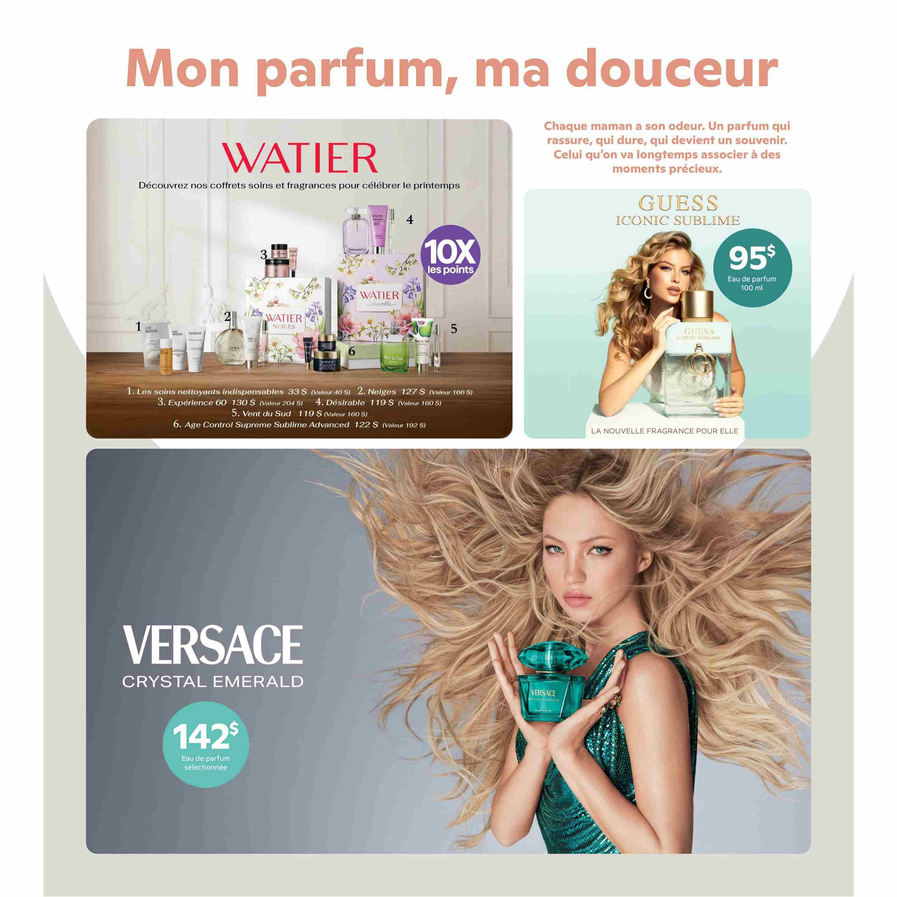 Brunet Beauty Flyer, Page 4. Features a selection of Watiér skincare and fragrance gift sets, with 10x points offer. Item 1, Essential Cleansing Skincare, is $33 (value $40). Item 2, Neiges, is $127 (value $166). Item 3, Experience 60, is $130 (value $204). Item 4, Désirable, is $119 (value $160). Item 5, Vent du Sud, is $119 (value $160). Item 6, Age Control Supreme Sublime Advanced, is $122 (value $192). Also features Guess Iconic Sublime Eau de Parfum for $95 (100 ml). Additionally, Versace Crystal Emerald Eau de Parfum is featured for $142.