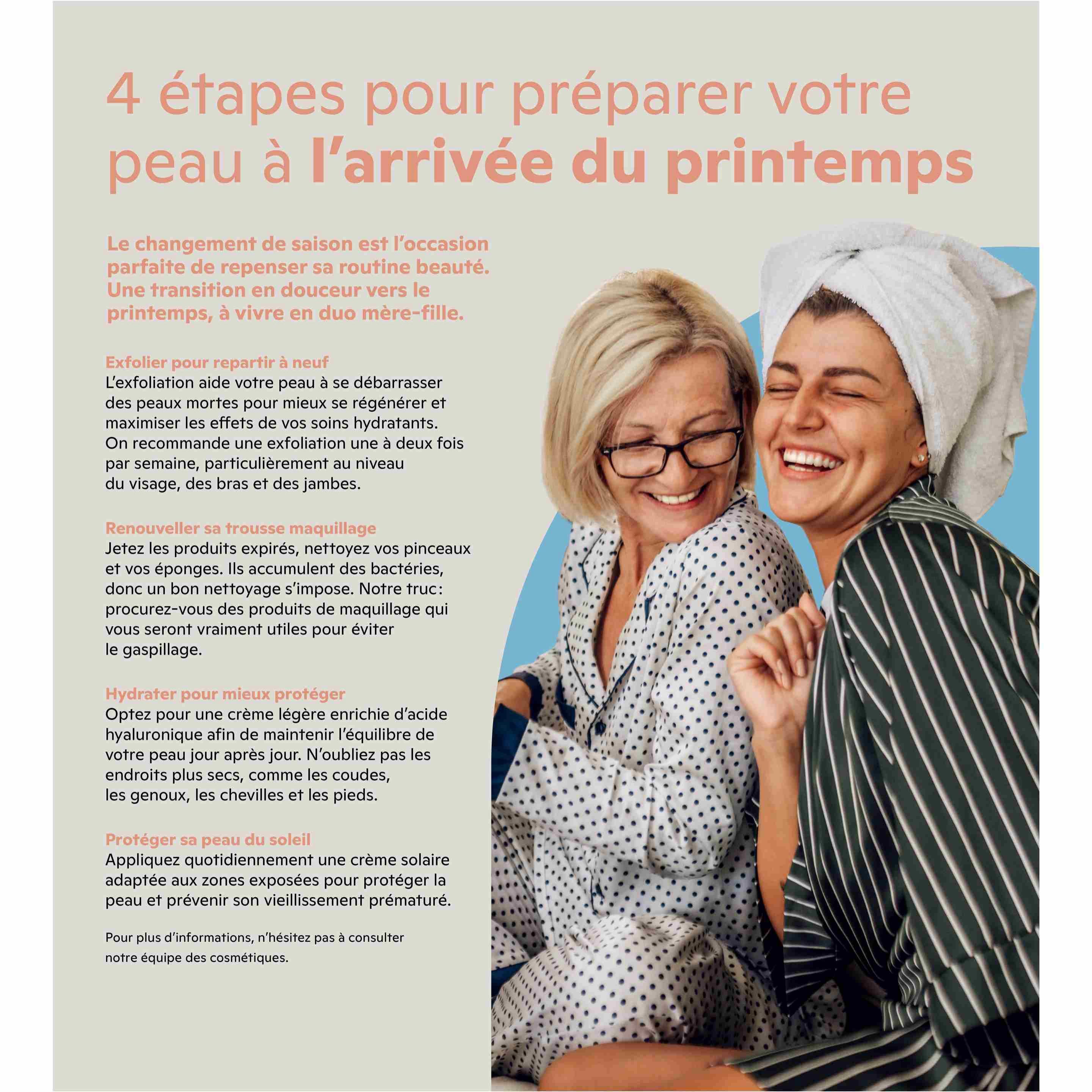 Brunet Beauty flyer, page 5. Features '4 steps to prepare your skin for spring.' Includes advice on exfoliating to remove dead skin cells, renewing your makeup bag by cleaning brushes and sponges, hydrating with a lightweight cream enriched with hyaluronic acid, and protecting skin daily with sunscreen to prevent premature aging. The page also encourages consulting the cosmetics team for more information. Two women are pictured, smiling and wearing robes and towels, suggesting a spa or self-care theme.