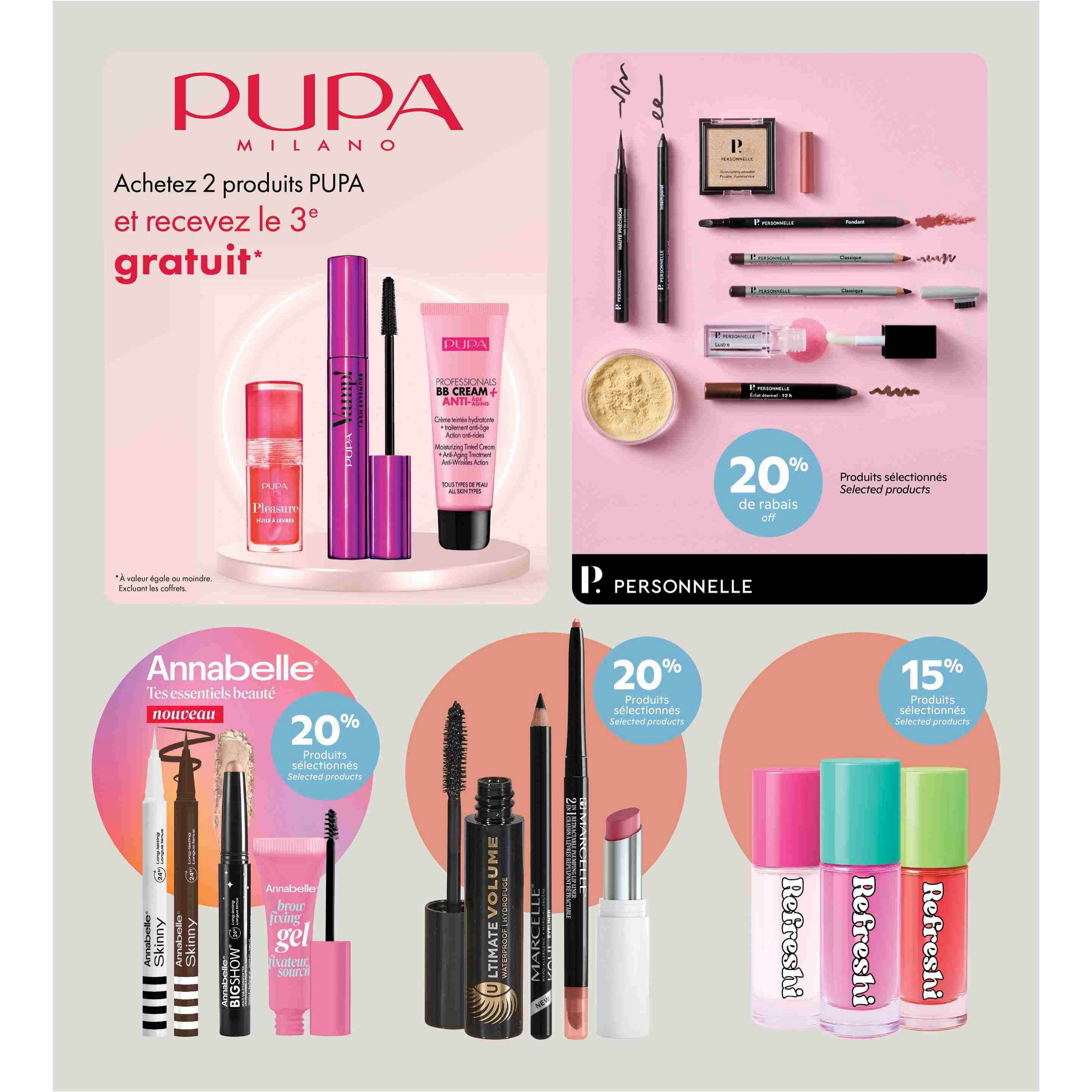 Brunet Beauty Flyer, Page 6. Features a PUPA Milano promotion: Buy 2 PUPA products and get the 3rd free, excluding gift sets. Products shown include PUPA Vamp! Lash Extender mascara, PUPA Pleasure Lip Oil, and PUPA Professionals BB Cream + Anti-Aging. Also features a selection of Personnelle makeup products with 20% off selected items, including a highlighting powder, eyeliner, lip liner, and lip gloss. Annabelle beauty essentials are highlighted with a 20% discount on selected products, featuring Annabelle Skinny and Big Show mascaras, and brow fixing gel. Additional Personnelle makeup includes Marcelle Ultimate Volume Waterproof Mascara, a 2-in-1 eyeliner and lip liner, and a lipstick. Three bottles of Refresh! nail polish are also displayed. Another section shows selected Personnelle products with 15% off.