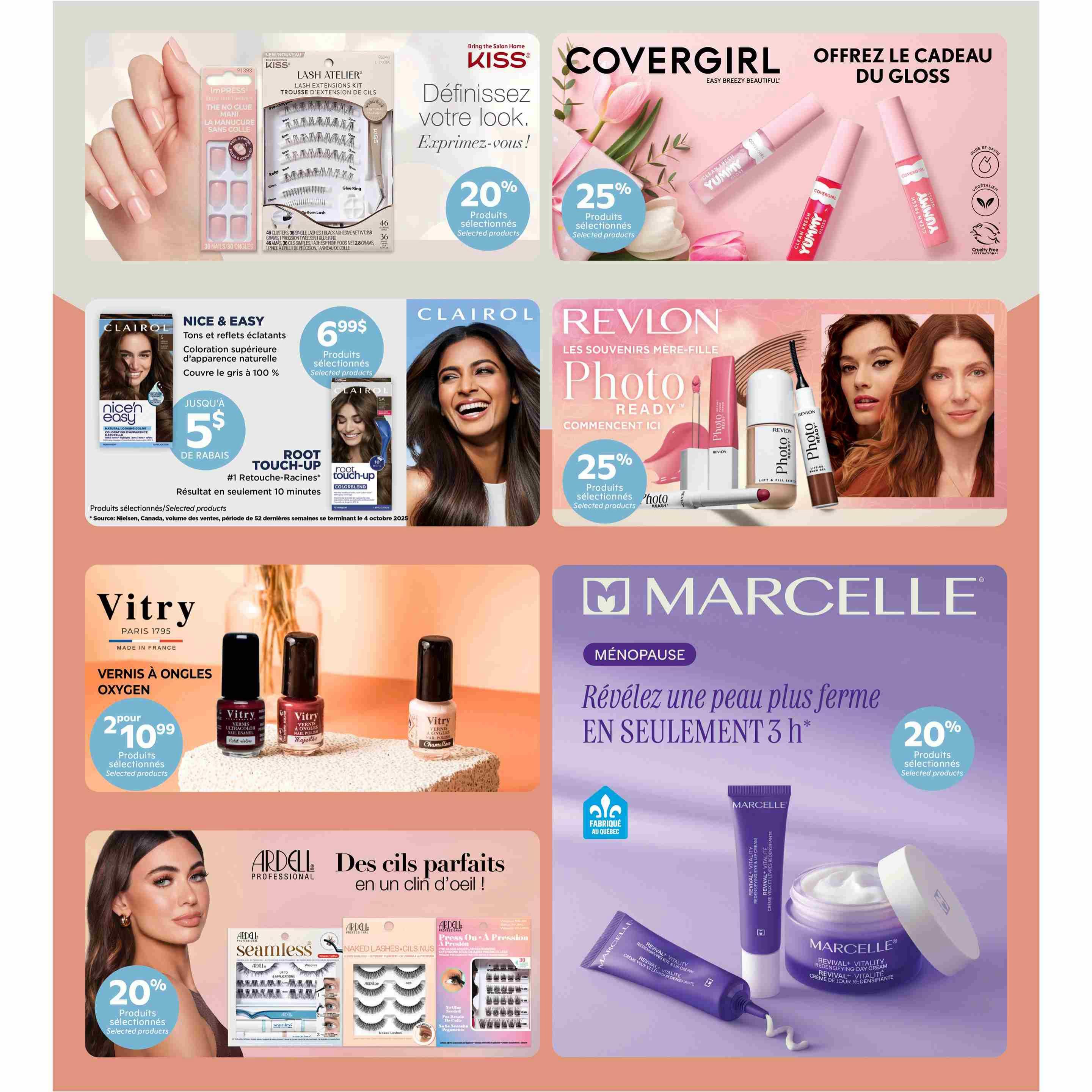 Brunet Beauty Flyer, Page 7. Features Kiss Lash Atelier lash extensions kit and ImPress nails. Kiss offers 20% off selected products. Covergirl Yummy Gloss lip glosses are featured with a 25% discount on selected products. Clairol Nice 'n Easy hair colour and Clairol Root Touch-Up are on sale, with Nice 'n Easy offering up to $5 off and Root Touch-Up at $6.99 for selected products. Revlon Photo Ready makeup products are 25% off selected items. Vitry Paris 1795 Oxygen nail polish is available for 2 for $10.99. Ardell Professional seamless and naked lashes are 20% off selected products. Marcelle offers 20% off selected products from their Revival+ Vitality line, including a redensifying eye & lip cream and a redensifying day cream.