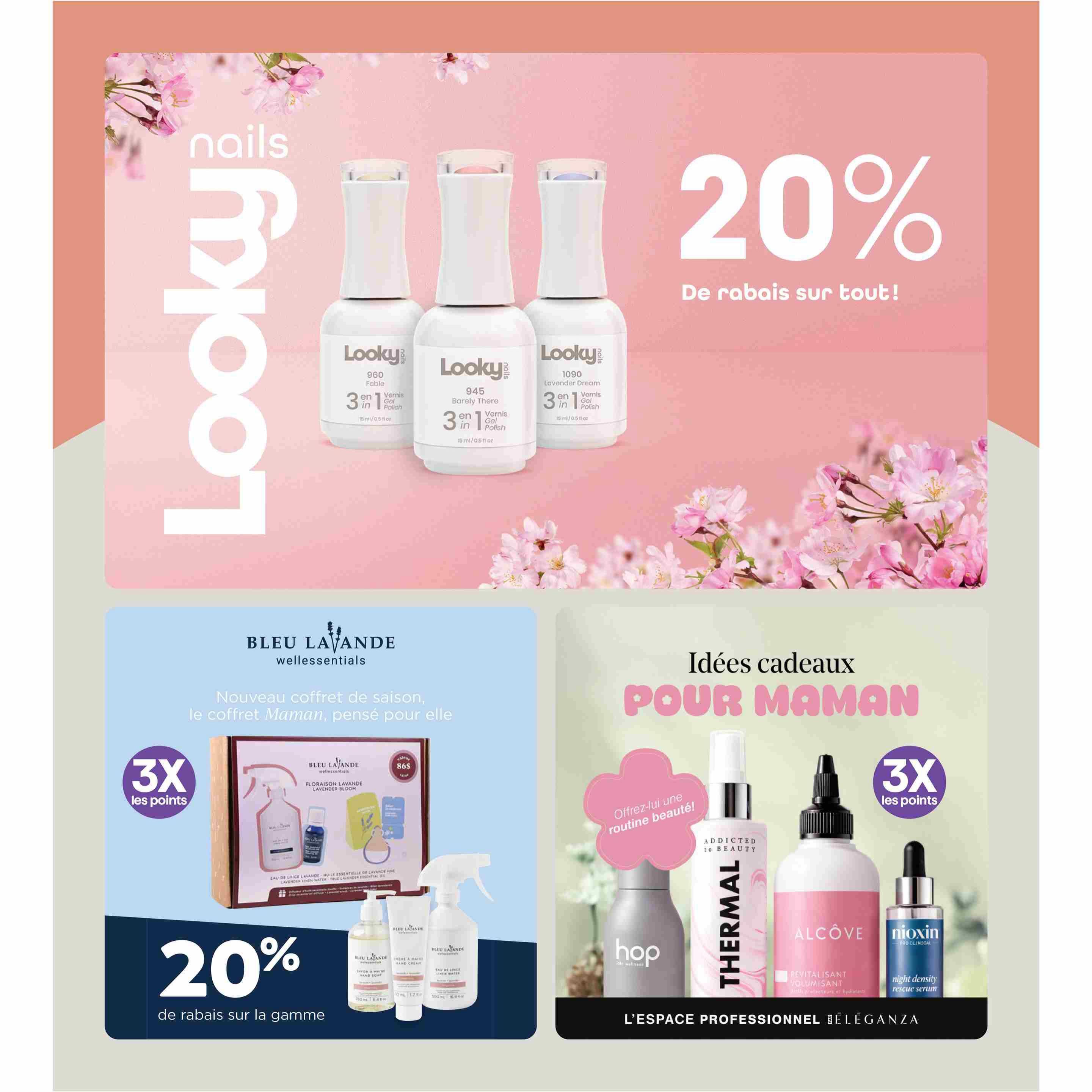 Brunet Beauty Flyer, Page 8: Features a 20% discount on all Looky nail polishes, including shades 960 Fable, 945 Barely There, and 1090 Lavender Dream. Also showcases gift ideas for Mom, with a Bleu Lavande wellessentials gift set offering 3X the points and 20% off the line. Additionally, discover products from Thermal, Hop, Alcove, and Nioxin, with Nioxin night density rescue serum and Alcove volumizing revitalizer highlighted. Some items offer 3X the points.