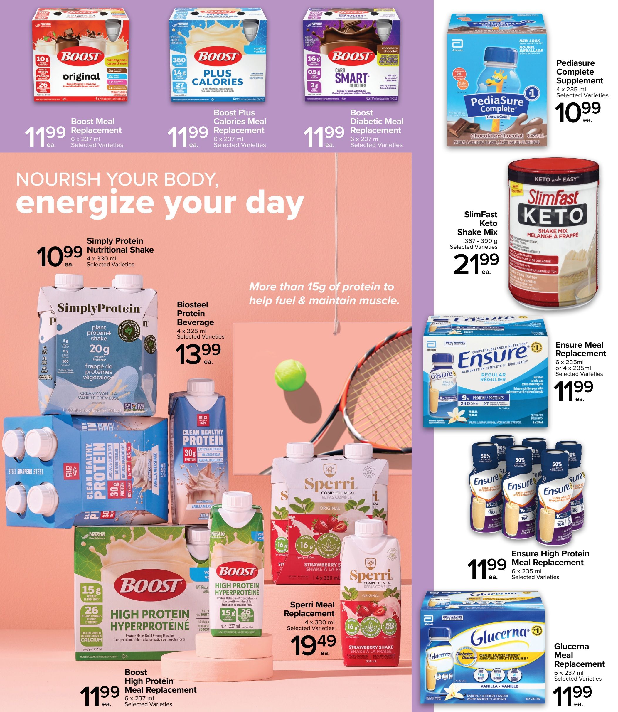 Metro Ontario flyer page 5 features a variety of nutritional shakes and meal replacements. Top row includes Boost Original Meal Replacement for $11.99, Boost Plus Calories Meal Replacement for $11.99, and Boost Diabetic Meal Replacement for $11.99. Also featured is PediaSure Complete Supplement for $10.99. The main section highlights Simply Protein Nutritional Shake at $10.99, Biosteel Protein Beverage for $13.99, and Sperri Meal Replacement for $19.49. Lower down, Boost High Protein Hyperprotein Meal Replacement is available for $11.99. On the right side, SlimFast Keto Shake Mix is priced at $21.99, Ensure Meal Replacement is $11.99, and Ensure High Protein Meal Replacement is also $11.99. Glucerna Meal Replacement is featured for $11.99. The page's theme is 'Nourish Your Body, Energize Your Day'.