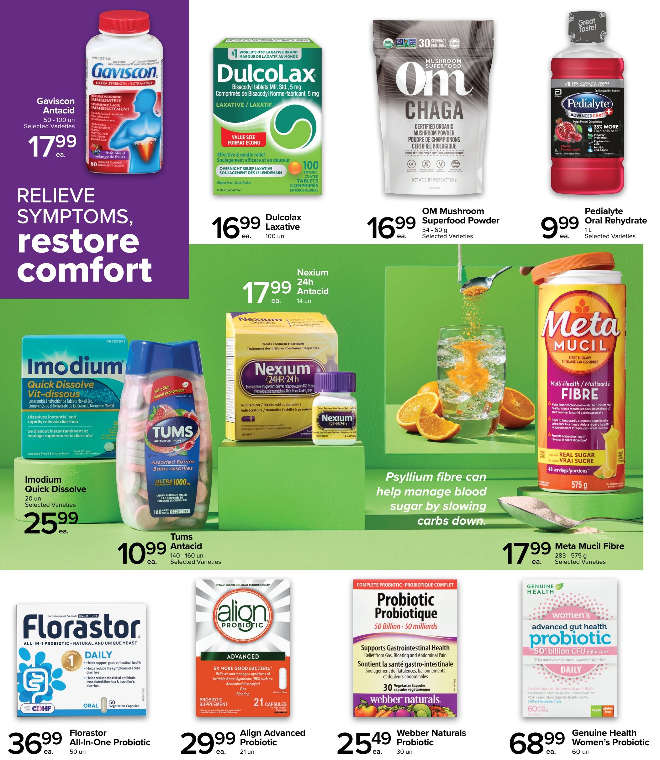 Metro Ontario flyer page 7 features a selection of health and wellness products. Top row includes Gaviscon Antacid for $17.99, Dulcolax Laxative for $16.99, OM Mushroom Superfood Chaga Powder for $16.99, and Pedialyte Oral Rehydrate for $9.99. The middle section highlights Imodium Quick Dissolve for $25.99, Tums Antacid for $10.99, Nexium 24h Antacid for $17.99, and Meta Mucil Fibre for $17.99. The bottom row showcases Florastor All-In-One Probiotic for $36.99, Align Advanced Probiotic for $29.99, Webber Naturals Probiotic for $25.49, and Genuine Health Women's Probiotic for $68.99. The page also features text about relieving symptoms and restoring comfort, and information on how psyllium fibre can help manage blood sugar.