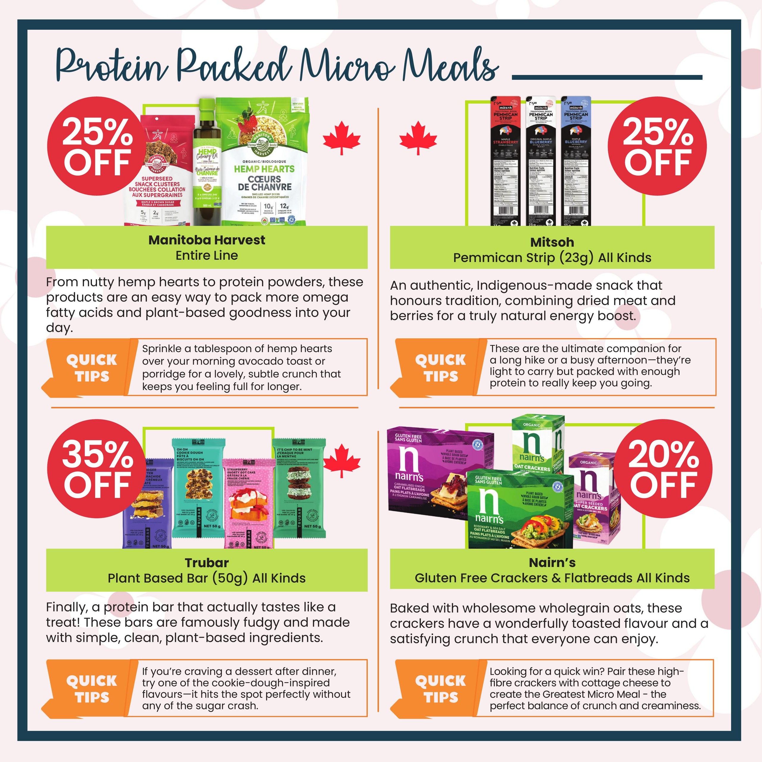 Healthy Planet flyer page 4 features protein-packed micro meals. Top left: Manitoba Harvest Entire Line with 25% off, offering hemp hearts and protein powders for omega fatty acids and plant-based goodness. Quick tip suggests adding hemp hearts to toast or porridge. Top right: Mitsoh Pemmican Strip (23g) All Kinds, an authentic Indigenous snack with dried meat and berries for energy, also 25% off. Quick tip highlights them as a light, protein-rich companion for hikes or busy afternoons. Bottom left: Trubar Plant Based Bar (50g) All Kinds with 35% off, featuring fudgy, clean, plant-based ingredients. Quick tip recommends cookie-dough-inspired flavours as a dessert treat. Bottom right: Nairn's Gluten Free Crackers & Flatbreads All Kinds with 20% off, made with wholegrain oats for a toasted flavour and crunch. Quick tip suggests pairing with cottage cheese for a balanced micro meal.