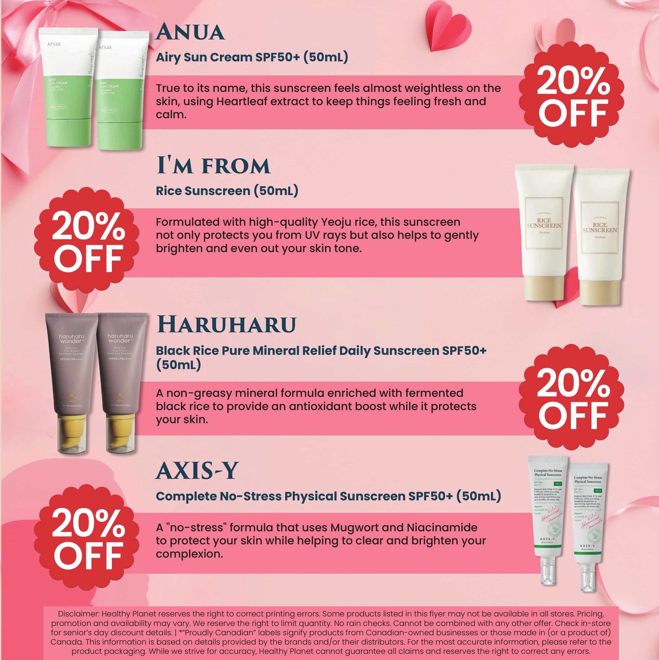Healthy Planet flyer page 7 features a 20% off sale on select sunscreens. Products include ANUA Airy Sun Cream SPF50+ (50mL), described as lightweight with Heartleaf extract. I'M FROM Rice Sunscreen (50mL) is formulated with Yeoju rice to protect from UV rays and brighten skin. HARUHARU WONDER Black Rice Pure Mineral Relief Daily Sunscreen SPF50+ (50mL) is a non-greasy mineral formula with fermented black rice for antioxidant boost. AXIS-Y Complete No-Stress Physical Sunscreen SPF50+ (50mL) uses Mugwort and Niacinamide to protect, clear, and brighten the complexion. All featured sunscreens are 20% off.