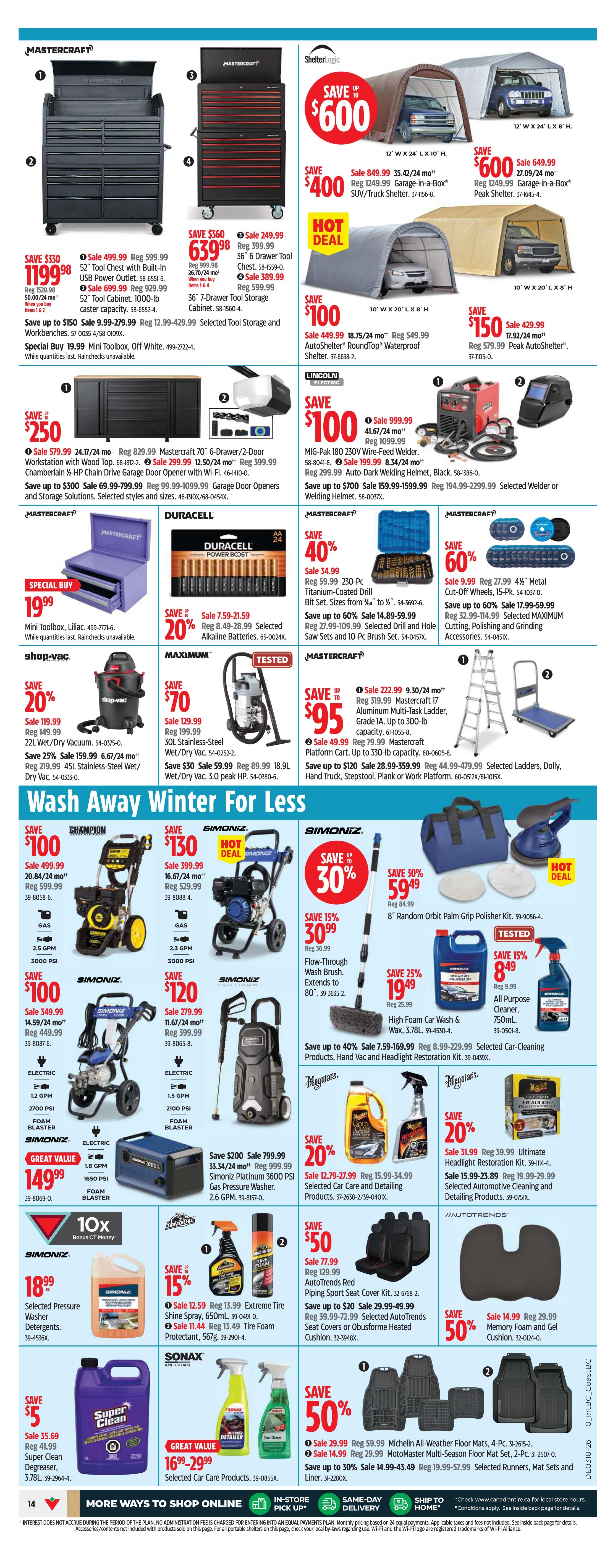Canadian Tire Western Canada flyer page 14 features a 'Wash Away Winter For Less' theme. Top section includes Mastercraft tool chests: a 52' tool chest with USB power outlet on sale for $1199.98 (save $330), and a 36' 6-drawer tool chest for $639.98 (save $360). Also featured are ShelterLogic garage-in-a-box shelters, with a 12'x24'x10' model on sale for $400 (save $400) and a 10'x20' model for $100 (save $100). Other items include a Mastercraft 230-pc Titanium-Coated Drill Bit Set for $34.99 (save 40%), a 60-pc Cut-off, Polishing and Grinding Accessories set for $9.99 (save 60%), and a Mastercraft 17' Aluminum Multi-Task Ladder for $222.99 (save $95). There are also Duracell AA alkaline batteries on sale for $7.59 (save 20%). Shop-vacs are featured with a 22L wet/dry vacuum for $119.99 (save 20%) and a 30L stainless-steel wet/dry vacuum for $129.99 (save $70). The main focus is on pressure washers and car cleaning supplies. Simoniz pressure washers include a 3000 PSI model for $499.99 (save $100) and a 2100 PSI model for $329.99 (save $100). Simoniz car cleaning products include a 10x bonus CT Money offer on selected pressure washer detergents for $18.99, extreme tire shine spray for $12.59, and tire foam protectant for $11.44. Sonax car care products are on sale, including a 750mL all-purpose cleaner and wax for $8.49 (save 15%). Meguiar's products include a Gold Class car wash and wax for $19.49 (save 25%) and ultimate headlight restoration kits for $31.99 (save 20%). AutoTrends seat covers are on sale for $29.99 (save $20), and a memory foam and gel cushion is $14.99 (save 50%). Michelin all-weather floor mats are $29.99 (save 50%), and Motomaster multi-season floor mats are $14.99 (save 30%).