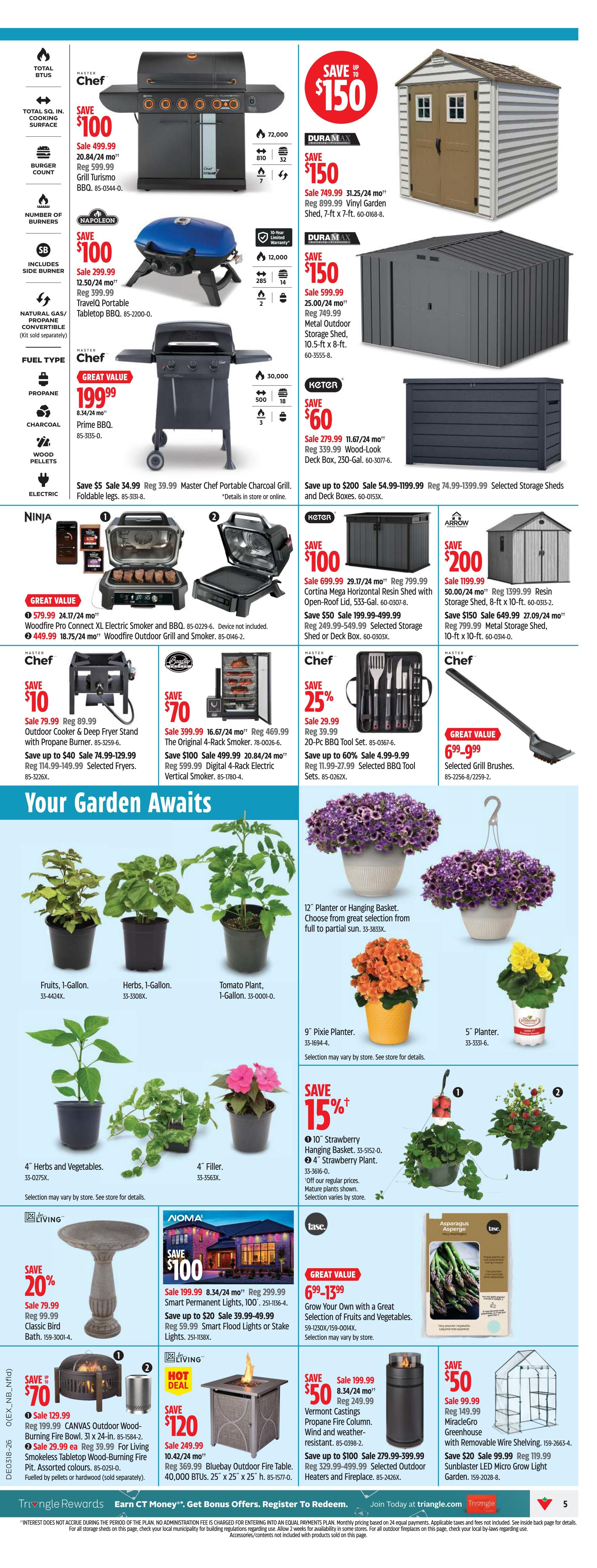 Canadian Tire weekly flyer specials page 5. Features grills including Master Chef Grill Turismos on sale for $499.99 (save $100), Napoleon Tabletop BBQ for $299.99 (save $100), and Master Chef Prime BBQ for $199.99. Also available are DuraMax 31.25-ft x 7-ft Vinyl Garden Sheds for $749.99 (save $150) and DuraMax 10.5-ft x 8-ft Metal Outdoor Storage Sheds for $599.99 (save $150). Ninja Foodi grills are featured, including the Woodfire Pro Connect XL Electric Smoker and BBQ for $579.99 (save $20) and Woodfire Outdoor Grill and Smoker for $449.99 (save $50). Other items include a Master Chef Outdoor Cooker & Deep Fryer Stand for $79.99 (save $10), a Master Chef 20-Pc BBQ Tool Set for $29.99 (save 25%), and a Keter Cortina Mega Horizontal Resin Open-Roof Lid Shed for $699.99 (save $100). Garden items include a Classic Bird Bath for $79.99 (save 20%), various planters and hanging baskets, a 10' Strawberry Hanging Basket for 15% off, and a 4' Strawberry Plant. Also featured are a Living Wood-Look Deck Box for $279.99 (save $60), a Living Bluebay Outdoor Fire Table for $249.99 (save $120), and Vermont Castings Propane Fire Column for $199.99 (save $50). Additional savings include up to $200 on selected storage sheds and deck boxes, and up to $100 on selected outdoor heaters and fireplace. A MiracleGro Greenhouse is on sale for $99.99 (save $50), and Sunblaster LED Micro Grow Light Garden for $119.99 (save $20). Great value items include Selected Grill Brushes for $6.99-$9.99, and Grow Your Own with a Great Selection of Fruits and Vegetables starting at $59.99.