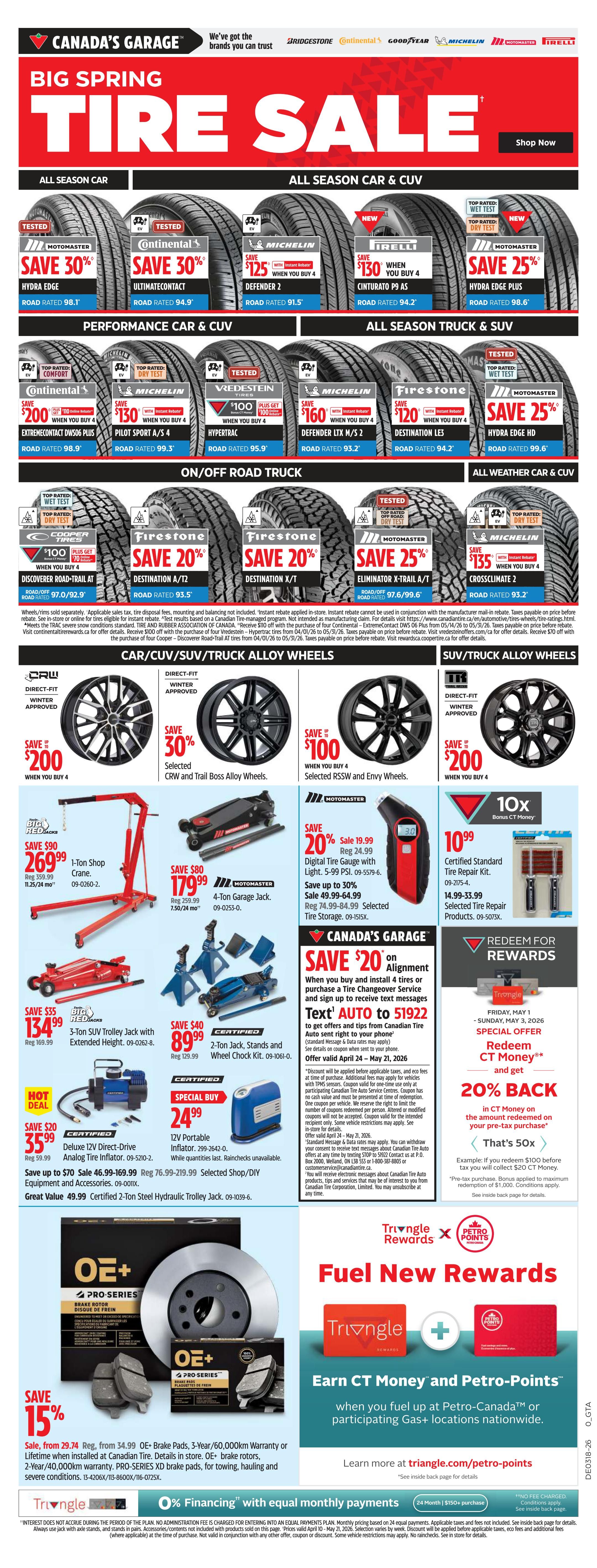 Canadian Tire Big Spring Tire Sale featuring a wide selection of tires for cars, CUVs, trucks, and SUVs. Deals include Motomaster Hydra Edge tires with save 30%, Continental Ultimatecontact tires with save 30%, Michelin Defender 2 tires with save $125 when you buy 4, and Pirelli Cinturato P9 tires with save $130 when you buy 4. Performance Car & CUV tires include Motomaster Eliminator Plus with save $200 when you buy 4, Pilot Sport A/4 with save $130 when you buy 4, and Michelin Hypertrac with save $100 when you buy 4. All Season Truck & SUV tires include Michelin LTX M/S 2 with save $160 when you buy 4, and Motomaster Hydra Edge HD with save 25%. On/Off Road Truck tires include Firestone Destination A/T2 and X/T with save 20%, and Motomaster Eliminator X-Trail A/T with save 25%. All Weather Car & CUV tires include Michelin CrossClimate 2 with save $135 when you buy 4. Also featured are Car/CUV/SUV/Truck Alloy Wheels with selected CRW and Trail Boss Alloy Wheels at save 30% and selected RSSW and Envy Wheels at save $100 when you buy 4. SUV/Truck Alloy Wheels include selected wheels at save $200 when you buy 4. Shop equipment includes a 1-Ton Shop Crane for $269.99 (save $90), a 4-Ton Garage Jack for $179.99 (save $80), a 3-Ton SUV Trolley Jack with Extended Height for $134.99 (save $55), and 2-Ton Jack Stands and Wheel Chock Kit for $89.99 (save $40). A Deluxe 12V Direct-Drive Analog Tire Inflator is on hot deal for $35.99 (save $20). Also available is a 12V Portable Inflator for $24.99. Get a Digital Tire Gauge with Light for $24.99 (save 20% or save up to 30% on selected tires). Certified Standard Tire Repair Kit for $10.99. Canada's Garage offers save $20 on Alignment when you buy and install 4 tires or purchase a Tire Changeover Service and sign up to receive text messages. Redeem for Rewards includes a Friday, May 1 - Sunday, May 3, 2026 special offer to redeem CT Money and get 20% back in CT Money on your pre-purchase tax. The flyer also promotes 'Fuel New Rewards' with Triangle and Petro-Points, offering to earn CT Money and Petro-Points when you fuel up at Petro-Canada or participating Gas+ locations. Finally, there is an offer for 0% Financing with equal monthly payments for 24 months on purchases of $150 or more. OE+ Pro-Series Brake Pads and Brake Rotors are on sale with save 15%.