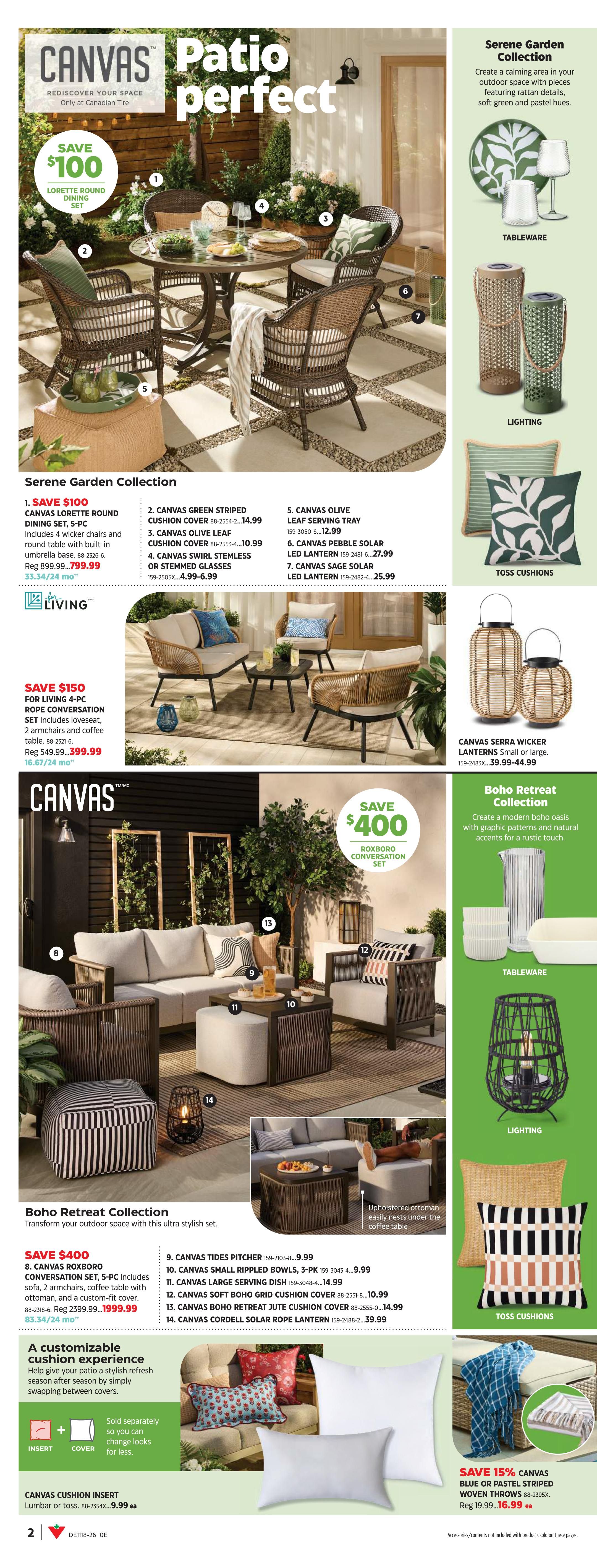 Canadian Tire flyer page 2 features the CANVAS Patio Perfect collection. The Serene Garden Collection includes the Lorette Round Dining Set, 5-piece, on sale for $799.99 (regularly $899.99), saving $100. Also available are CANVAS Green Striped Cushion Cover for $14.99, Olive Leaf Cushion Cover for $10.99, and Stemless or Stemmed Glasses for $6.99. The Serene Garden Collection also offers Olive Leaf Serving Tray for $12.99, Pebble Solar LED Lantern for $27.99, and Sage Solar LED Lantern for $25.99. The lighting section features CANVAS Serra Wicker Lanterns in small or large for $39.99-$44.99. The Boho Retreat Collection features a 5-piece Roxboro Conversation Set, on sale for $1999.99 (regularly $2399.99), saving $400. This set includes a sofa, 2 armchairs, coffee table with ottoman, and a custom-fit cover. Other items in this collection include Tides Pitcher for $9.99, Small Rippled Bowls (3-pack) for $9.99, Large Serving Dish for $14.99, Soft Boho Grid Cushion Cover for $10.99, Boho Retreat Jute Cushion Cover for $14.99, and Cordell Solar Rope Lantern for $39.99. A customizable cushion experience is highlighted with CANVAS Cushion Inserts available for $9.99 each. Additionally, save 15% on CANVAS Blue or Pastel Striped Woven Throws, on sale for $16.99 (regularly $19.99).