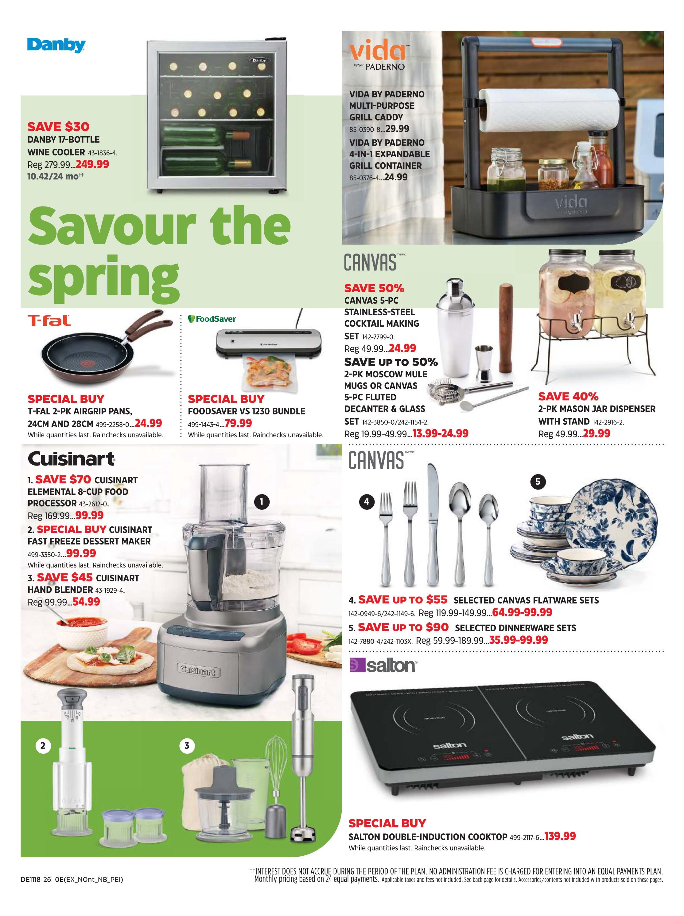 Canadian Tire Spring Inspiration flyer, page 3. Features a Danby 17-bottle wine cooler on sale for $249.99, saving $30. Below, T-fal 2-pack airgrip pans (24cm and 28cm) are a special buy at $24.99. A FoodSaver VS 1230 bundle is also a special buy for $79.99. Cuisinart offers savings on kitchen appliances: save $70 on the Elemental 8-cup food processor for $99.99, a special buy on the Fast Freeze dessert maker, and save $45 on the hand blender for $54.99. Vida by Paderno presents a multi-purpose grill caddy and a 4-in-1 expandable grill container. Canvas brand items include a 5-pc stainless-steel cocktail making set on sale for $24.99, and 2-pc Moscow mule mugs or 5-pc decanter and glass sets ranging from $13.99-$24.99. Also featured are 2-pc mason jar dispensers with stands for $29.99. Canvas selected flatware sets are up to $55 off, priced from $64.99-$99.99, and selected dinnerware sets are up to $90 off, priced from $35.99-$99.99. Finally, a Salton double-induction cooktop is a special buy at $139.99. All prices are while quantities last, rainchecks unavailable.