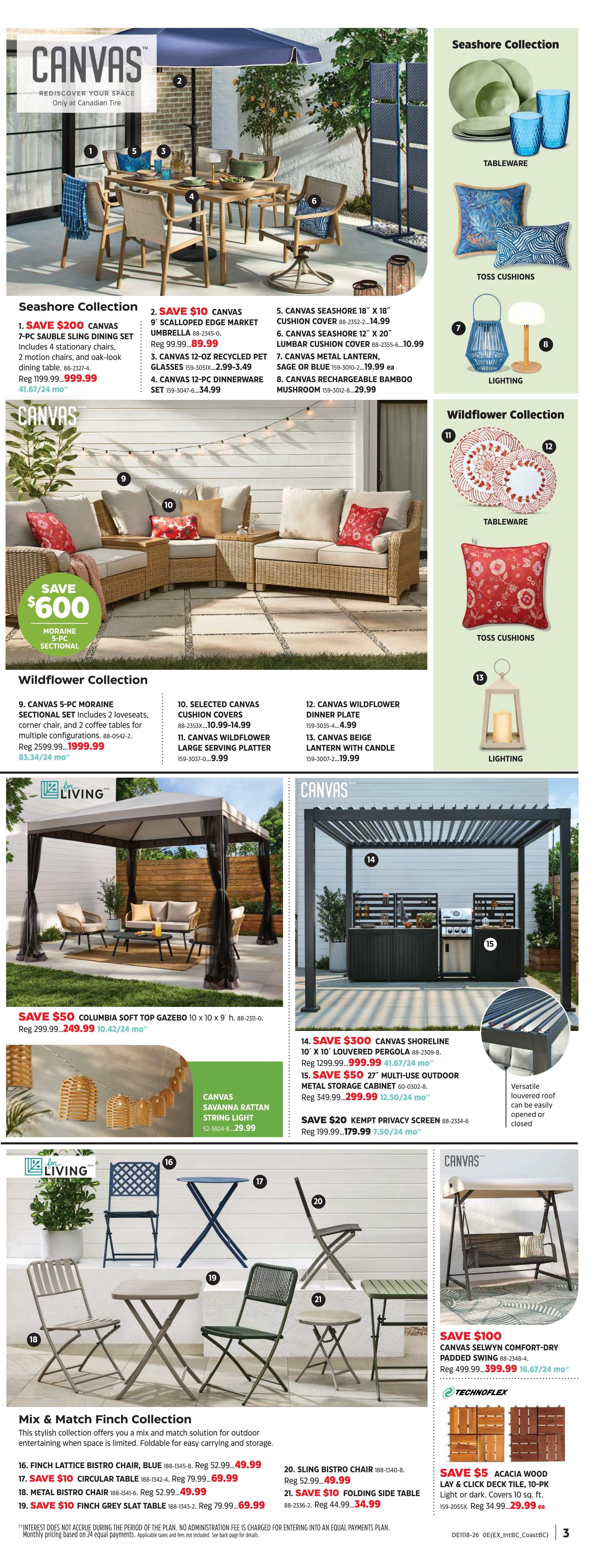 Canadian Tire Spring Inspiration flyer, page 4. Features the Seashore Collection with a 7-pc Sauble Sling Dining Set for $999.99 (save $200), a 9' Scalloped Edge Market Umbrella for $89.99, 12-oz Recycled Pet Glasses for $3.49, and 12-pc Dinnerware Set for $34.99. Also shown are Canvas Seashore 18' x 18' Toss Cushions for $14.99, 12' x 20' Lumbar Cushion Covers for $10.99, and a Metal Lantern for $19.99. The Wildflower Collection includes a 5-pc Moraine Sectional Set for $1999.99 (save $600), selected toss cushion covers for $4.99, a large serving platter for $9.99, dinner plates for $4.99, and a beige lantern with candle for $19.99. Outdoor living items include the Columbia Soft Top Gazebo for $249.99 (save $50), Canvas Shoreline 10' x 10' Louvered Pergola for $999.99 (save $300), a 27' Multi-Use Outdoor Metal Storage Cabinet for $299.99 (save $50), and a Kempt Privacy Screen for $179.99 (save $20). The Mix & Match Finch Collection offers a Finch Lattice Bistro Chair for $49.99, a Circular Table for $69.99 (save $10), a Metal Bistro Chair for $49.99, and a Finch Grey Slat Table for $69.99 (save $10). Also available is a Sling Bistro Chair for $49.99 and a Folding Side Table for $34.99 (save $10). Finally, save $100 on the Canvas Selwyn Comfort-Dry Padded Swing for $399.99 and save $5 on Acacia Wood Lay & Click Deck Tile, 10-pk for $29.99.