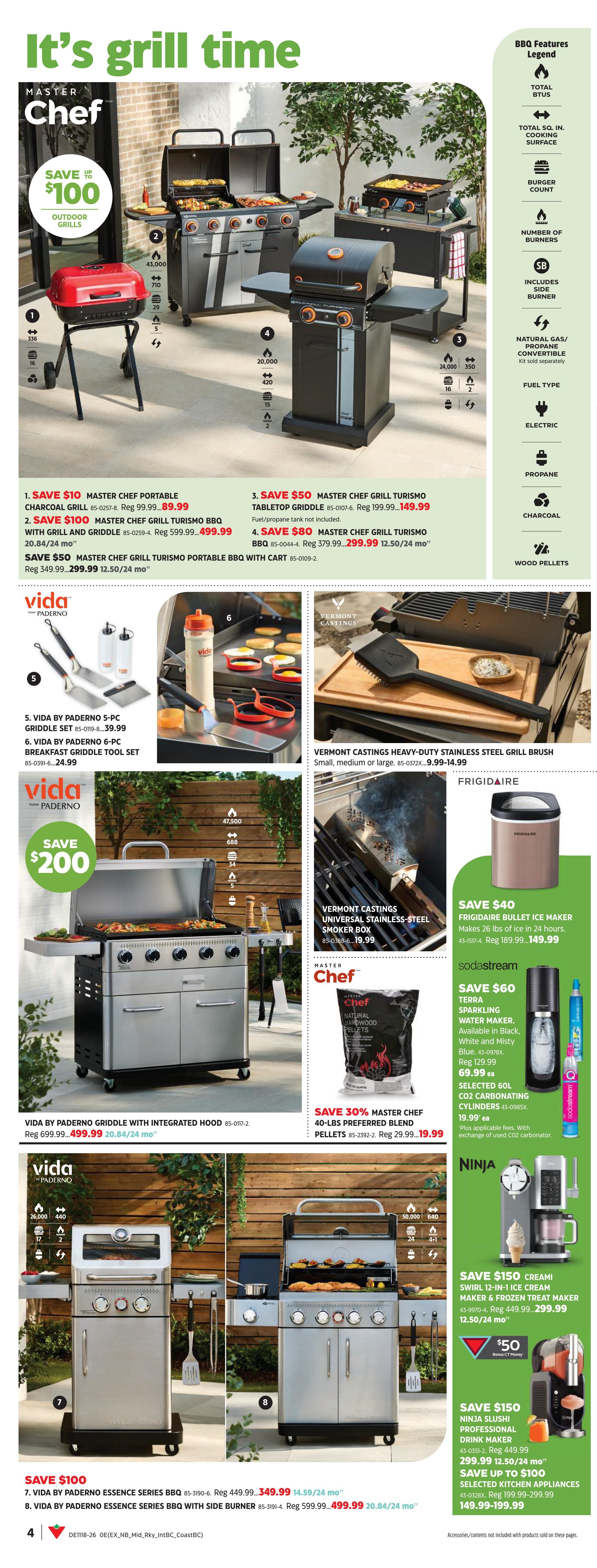 Canadian Tire flyer, page 5, featuring grills and outdoor cooking accessories. Save up to $100 on Master Chef grills. Featured items include the Master Chef Portable Charcoal Grill for $89.99 (save $10), Master Chef Grill Turismo Portable BBQ with Cart for $499.99 (save $100), Master Chef Grill Turismo Tabletop Griddle for $149.99 (save $50), and Master Chef Grill Turismo BBQ for $299.99 (save $80). Also available are Vida by Paderno 5-pc Griddle Set for $39.99 and 6-pc Breakfast Griddle Tool Set for $24.99. The Vida by Paderno Griddle with Integrated Hood is on sale for $499.99 (save $200). Vermont Castings Heavy-Duty Stainless Steel Grill Brush is $14.99 and Universal Stainless Steel Smoker Box is $19.99. Master Chef 40-lb Preferred Blend BBQ Pellets are 30% off, selling for $19.99. Other appliances include the Frigidaire Bullet Ice Maker for $149.99 (save $40), Sodastream Sparkling Water Maker for $69.99 (save $60), and Sodastream CO2 Carbonating Cylinders for $19.99. Save $150 on the Ninja Swirl 12-in-1 Ice Cream Maker & Frozen Treat Maker for $299.99 and save $150 on the Ninja Slushi Professional Drink Maker for $299.99. Save up to $100 on selected kitchen appliances. Page 5 of 24.