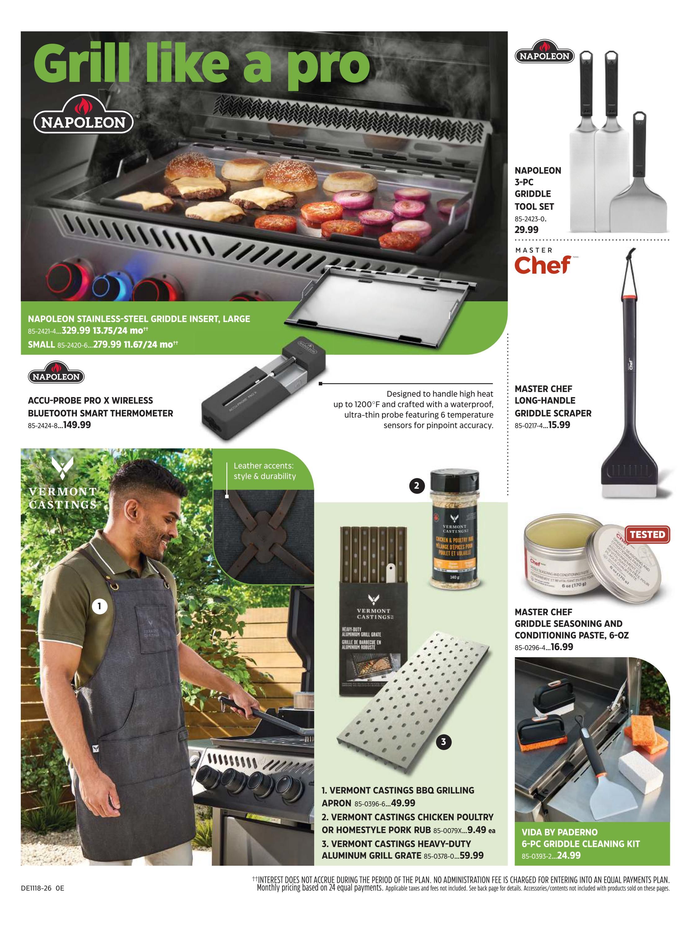 Canadian Tire Spring Inspiration flyer, page 6. Features grilling accessories and seasonings. Includes Napoleon Stainless-Steel Griddle Insert, Large for $329.99 (13.75/24 mo) and Small for $279.99 (11.67/24 mo). Also available is the Napoleon Accu-Probe Pro X Wireless Bluetooth Smart Thermometer for $149.99. The Napoleon 3-Pc Griddle Tool Set is $29.99. Master Chef Long-Handle Griddle Scraper is $15.99. Master Chef Griddle Seasoning and Conditioning Paste, 6-oz is $16.99. Vermont Castings BBQ Grilling Apron is $49.99. Vermont Castings Chicken Poultry or Homestyle Pork Rub is $9.49 each. Vermont Castings Heavy-Duty Aluminum Grill Grate is $59.99. Vida by Paderno 6-Pc Griddle Cleaning Kit is $24.99. The page also highlights Vermont Castings with leather accents for style and durability.