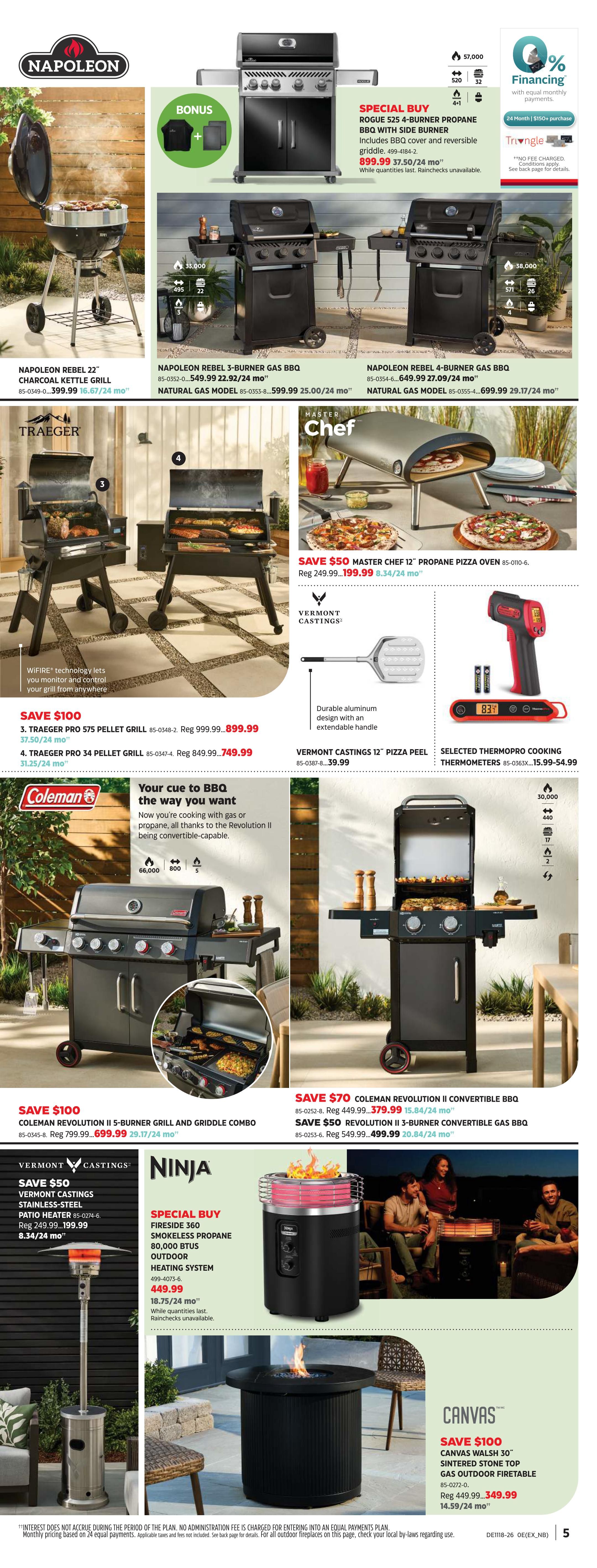 Canadian Tire Spring Inspiration flyer, page 7. Featured Napoleon grills include the Rebel 22' Charcoal Kettle Grill, Rebel 3-Burner Gas BBQ, and Rebel 4-Burner Gas BBQ. Special Buy: Rogue 525 4-Burner Propane BBQ with Side Burner for $899.99 (37.50/24 mo). Save $100 on Traeger Pro 575 Pellet Grill, now $899.99 (37.50/24 mo), and save $50 on Traeger Pro 34 Pellet Grill, now $749.99 (31.25/24 mo). Master Chef 12' Propane Pizza Oven is on sale for $199.99 (8.34/24 mo), a $50 savings. Vermont Castings 12' Pizza Peel is $39.99. Selected ThermoPro Cooking Thermometers are $15.99-$54.99. Coleman Revolution II 5-Burner Grill and Griddle Combo is $699.99 (29.17/24 mo), save $100. Coleman Revolution II Convertible BBQs are on sale: 5-Burner for $379.99 (15.84/24 mo), save $70, and 3-Burner for $499.99 (20.84/24 mo), save $50. Vermont Castings Stainless-Steel Patio Heater is $199.99 (8.34/24 mo), save $50. Ninja Fireside 360 Smokeless Propane Outdoor Heating System is $449.99 (18.75/24 mo). Canvas Walsh 30' Sintered Stone Top Gas Outdoor Firetable is $349.99 (14.59/24 mo), save $100.